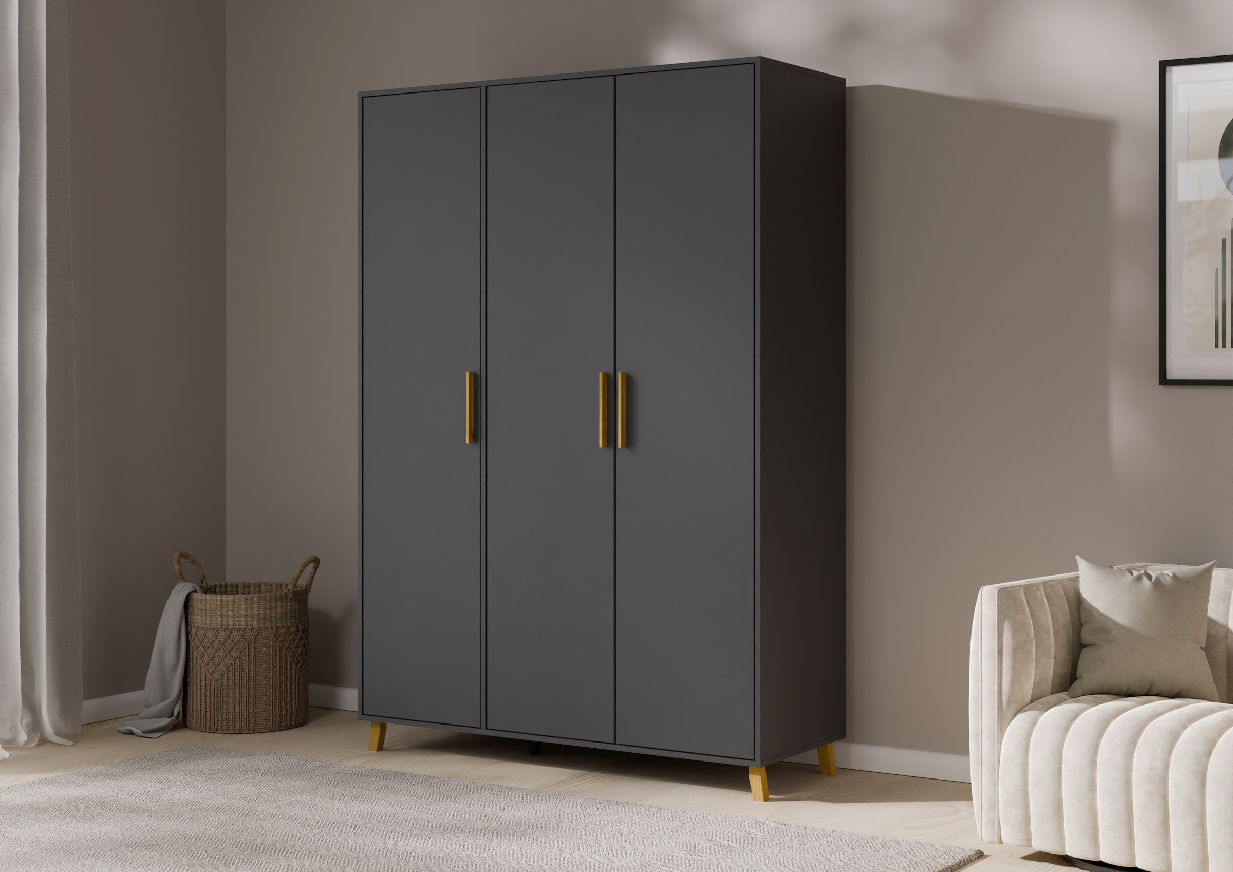 rauch Drehtürenschrank »Kleiderschrank Schrank Garderobe SHINJO Breiten 93/140/187 cm« in 3 verschiedenen Ausstattungen BASIC/CLASSIC/PREMIUM,  Griffe und Füße aus Massivholz, viel Stauraum MADE IN GERMANY