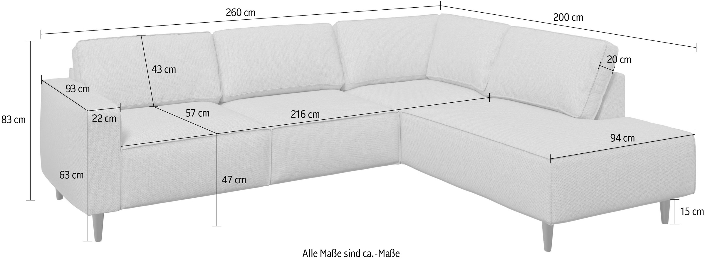 Places of Style Ecksofa »Fumone, Lederoptik oder Soft-Touch Chenille«, Breite 260, mit schwarzen Massivholzfüßen