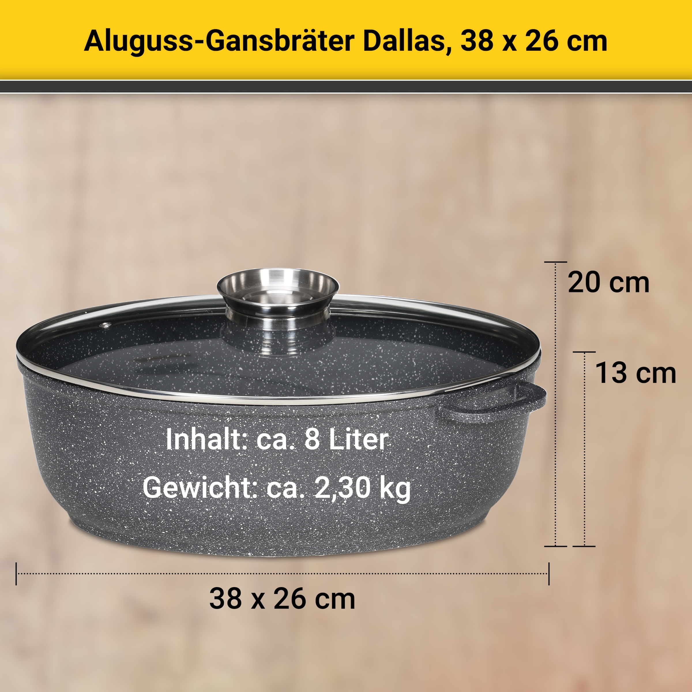 Krüger Bräter »Aluguss Gansbräter mit Glasdeckel und Aromaknopf Dallas, 38 x26 x13 cm«, Aluminiumguss, (1 tlg.), für Induktions-Kochfelder geeignet