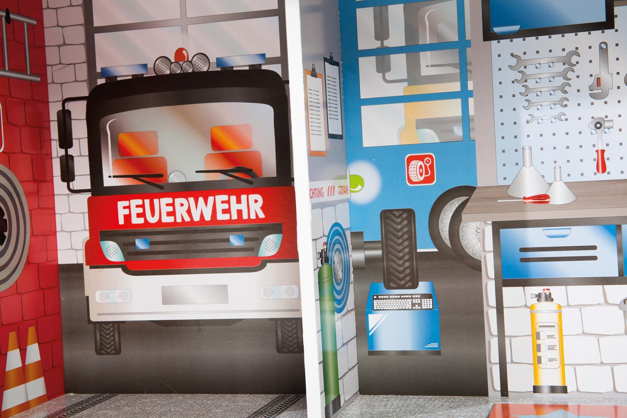 roba® Spielküche »2-in-1, Feuerwehr«, mit mehrstöckigem Puppenhaus