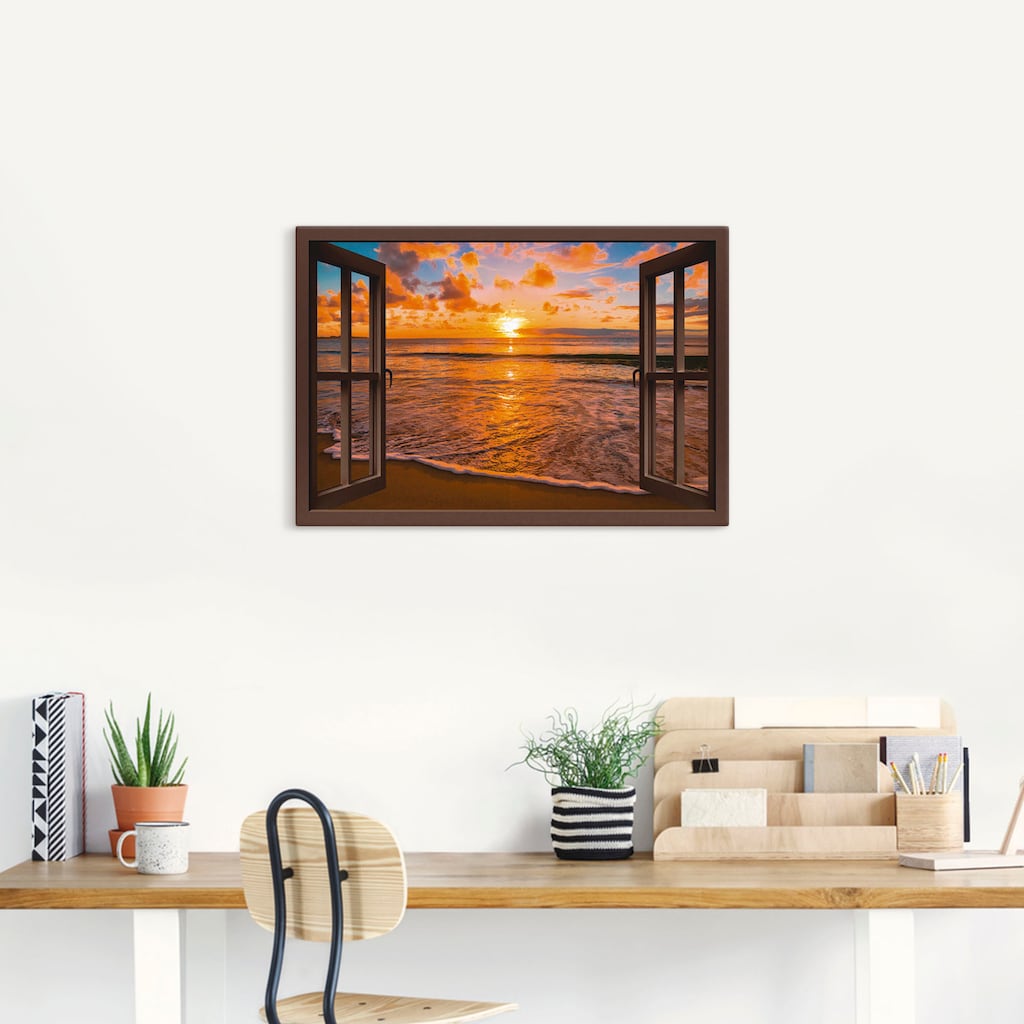 Artland Wandbild »Fensterblick Sonnenuntergang am Strand«, Sonnenaufgang & -untergang, (1 St.)