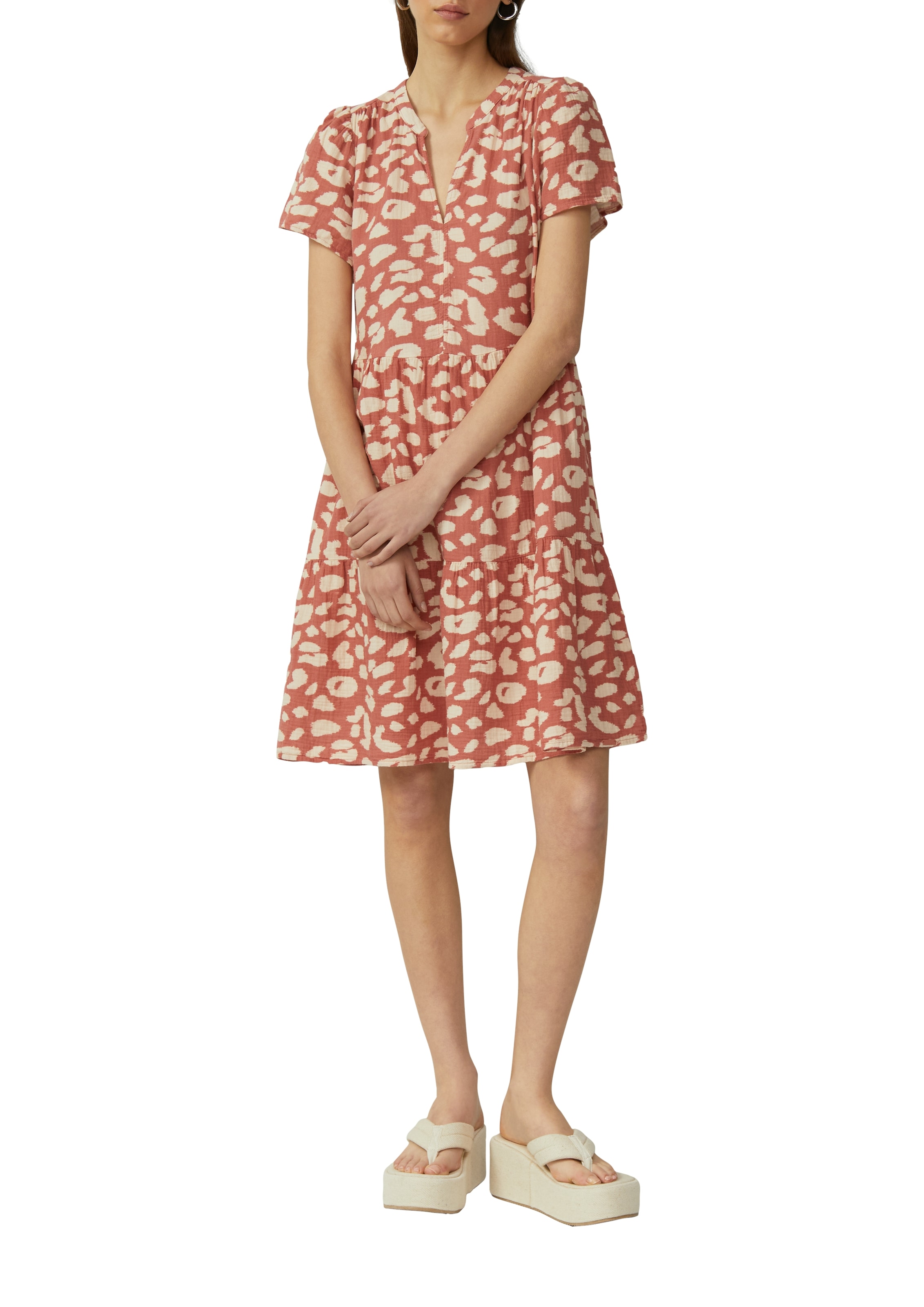 QS Volantkleid, Sommerkleid aus reiner Baumwolle, kurzarm, mit All-Over Muster
