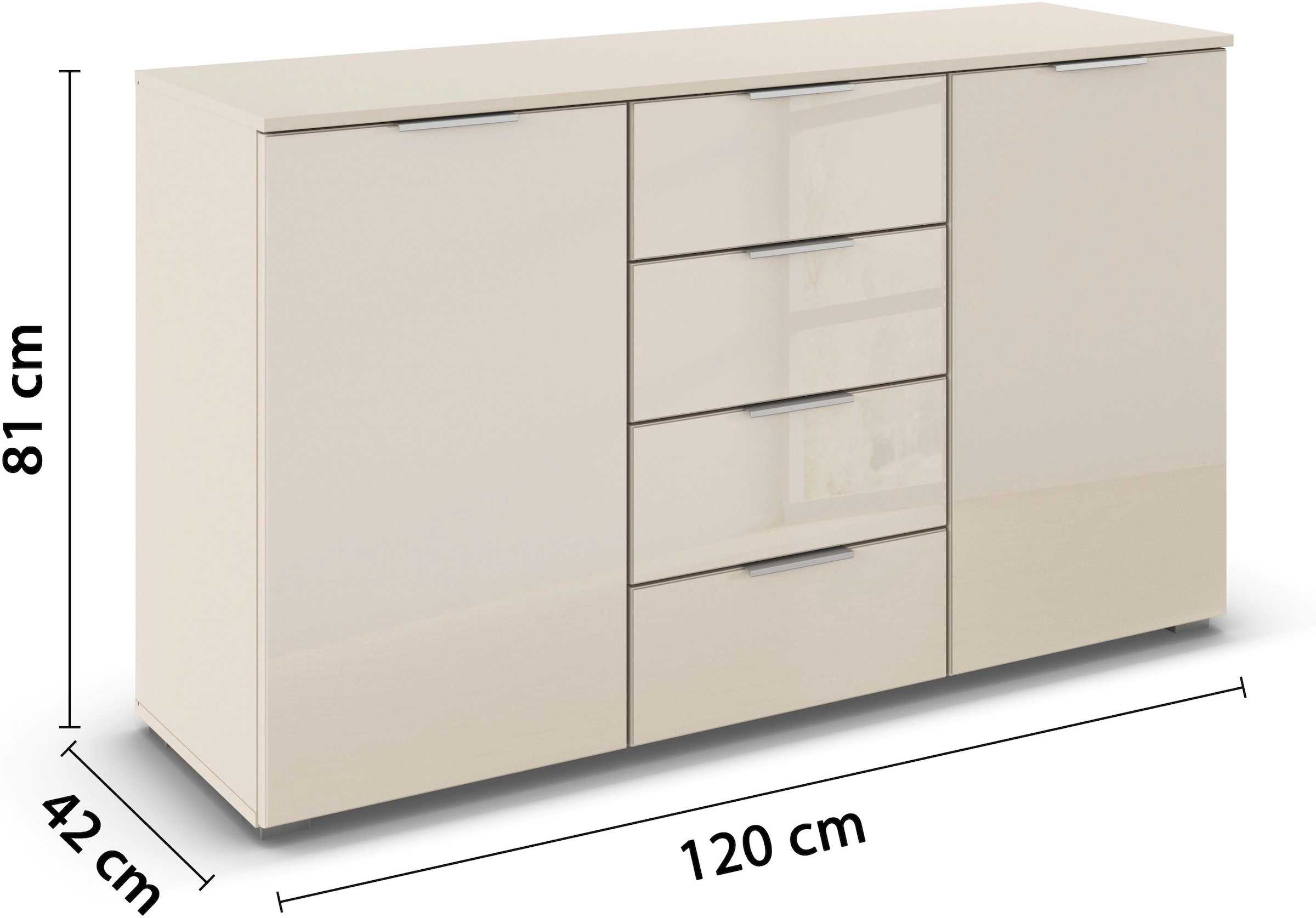 OTTO home Kombikommode »Sideboard Kombikommode Schubladenkommode AGORDO mit Glasfront« in zwei Griff-Farben, Breite 120 cm,  vier große Schubladen, mit insgesamt 4 Einlegeböden MADE IN GERMANY