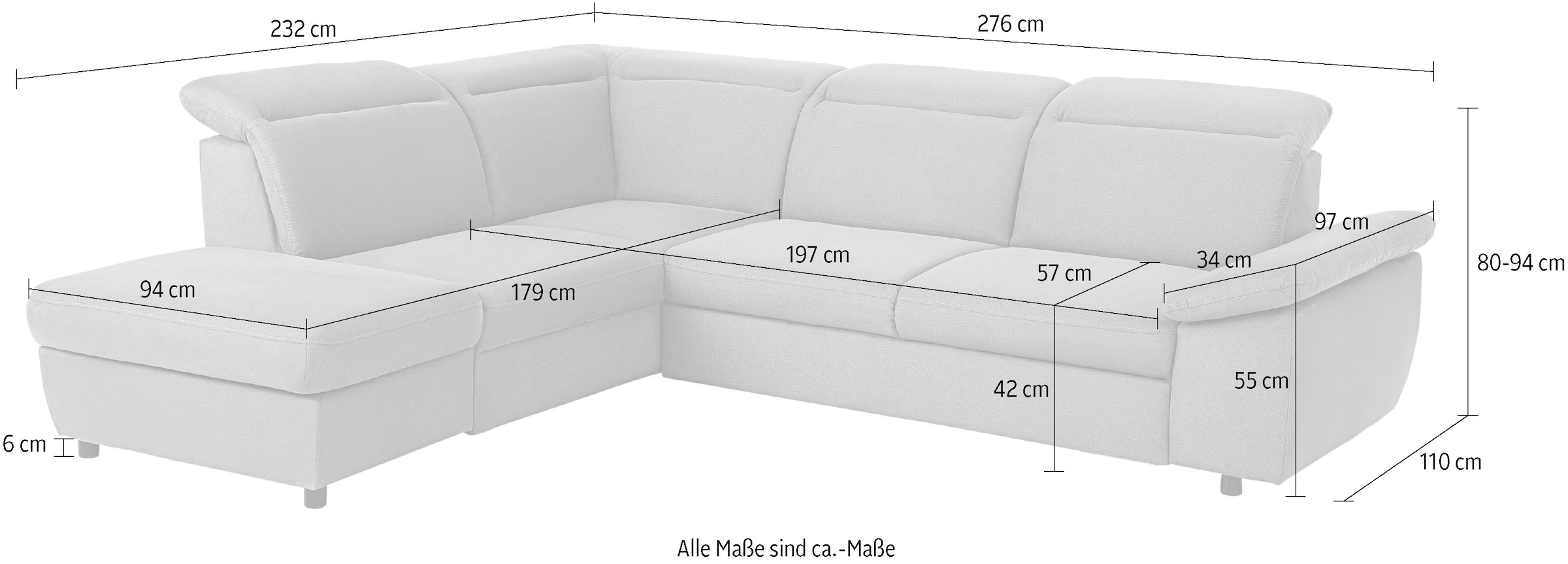 Home affaire Ecksofa »Mauritius L-Form« mit Ottomane, mit Kopfteil- und Armlehnverstellung