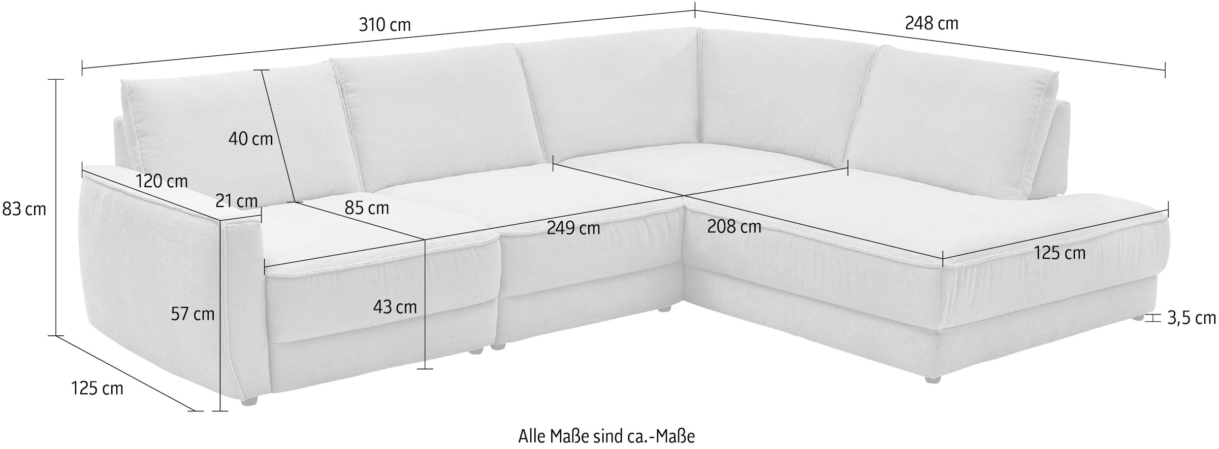 Die PlanBar Ecksofa »ZE-EM24139, L-Form, B: 310 cm« SoftSitz-Kaltschaumpolsterung, 1 o. 3 Sitztiefenverstellungen wählbar