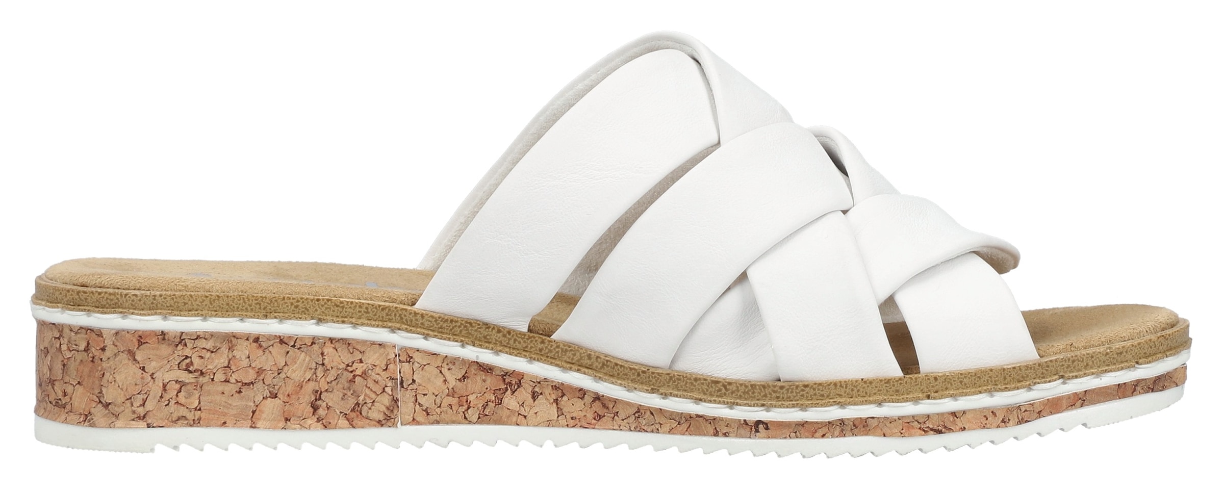 Rieker Pantolette, Sommerschuh, Schlappen, Hausschuh, Urlaubschuh mit Absatz in Korkoptik
