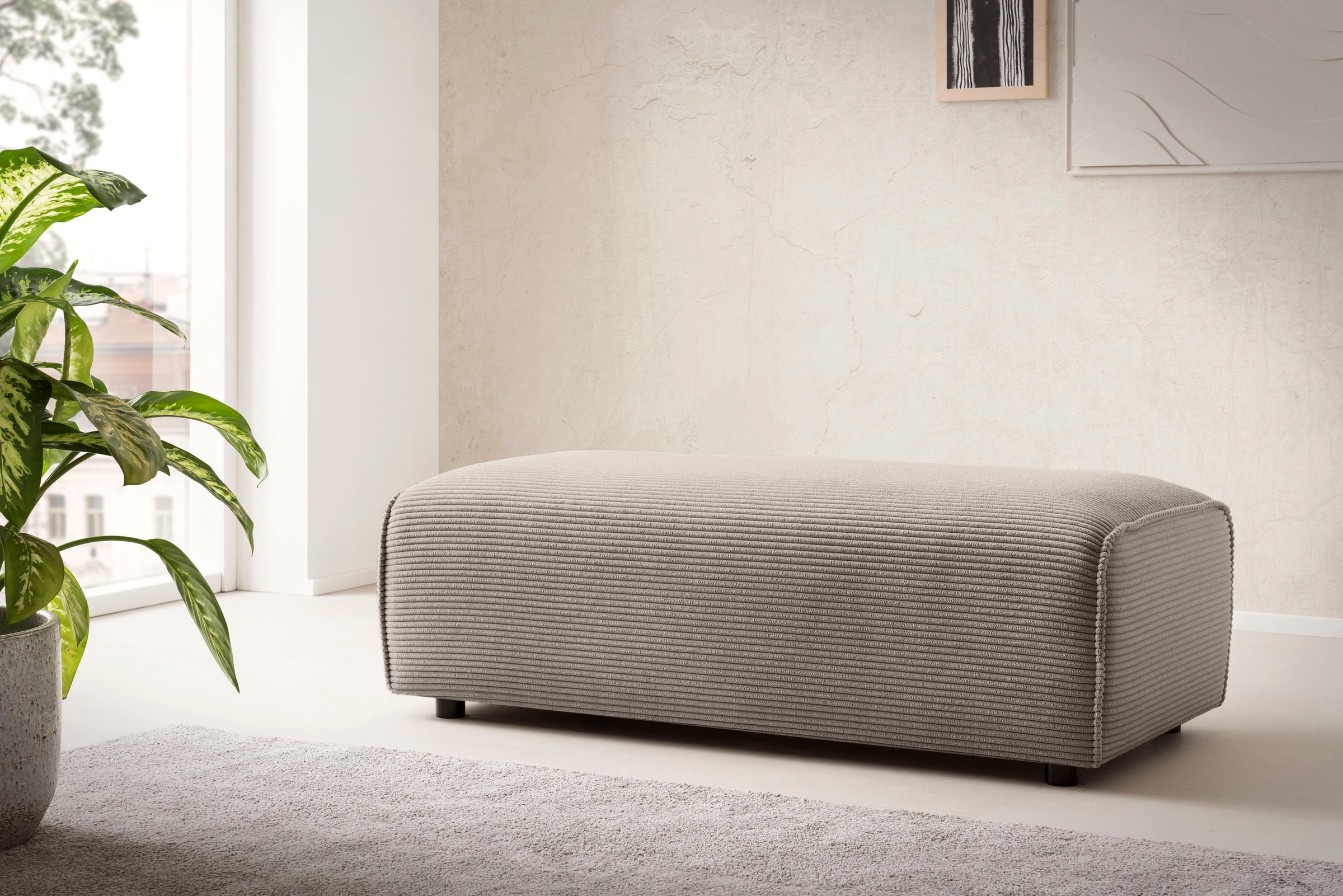 LeGer Home by Lena Gercke Hocker »PIARA, Polsterhocker mit Kedernaht in Cord oder Leinenoptik«, zur Serie PIARA, rechteckig, schwarze Füße, bequemer Sitzkomfort