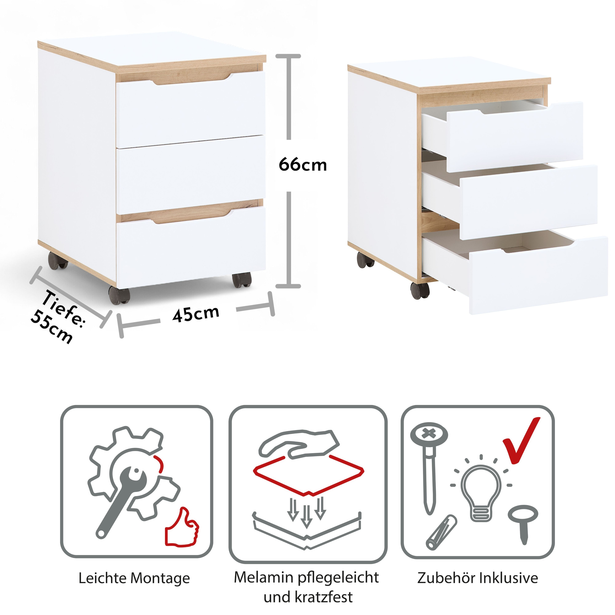 Innostyle Container »Memphis Rollcontainer,45x66x55cm (B/H/T)« 1 Stk. tlg. 3 Schubkästen, Soft-Close, ABS-Kantenschutz, 2 Rollen mit Bremse
