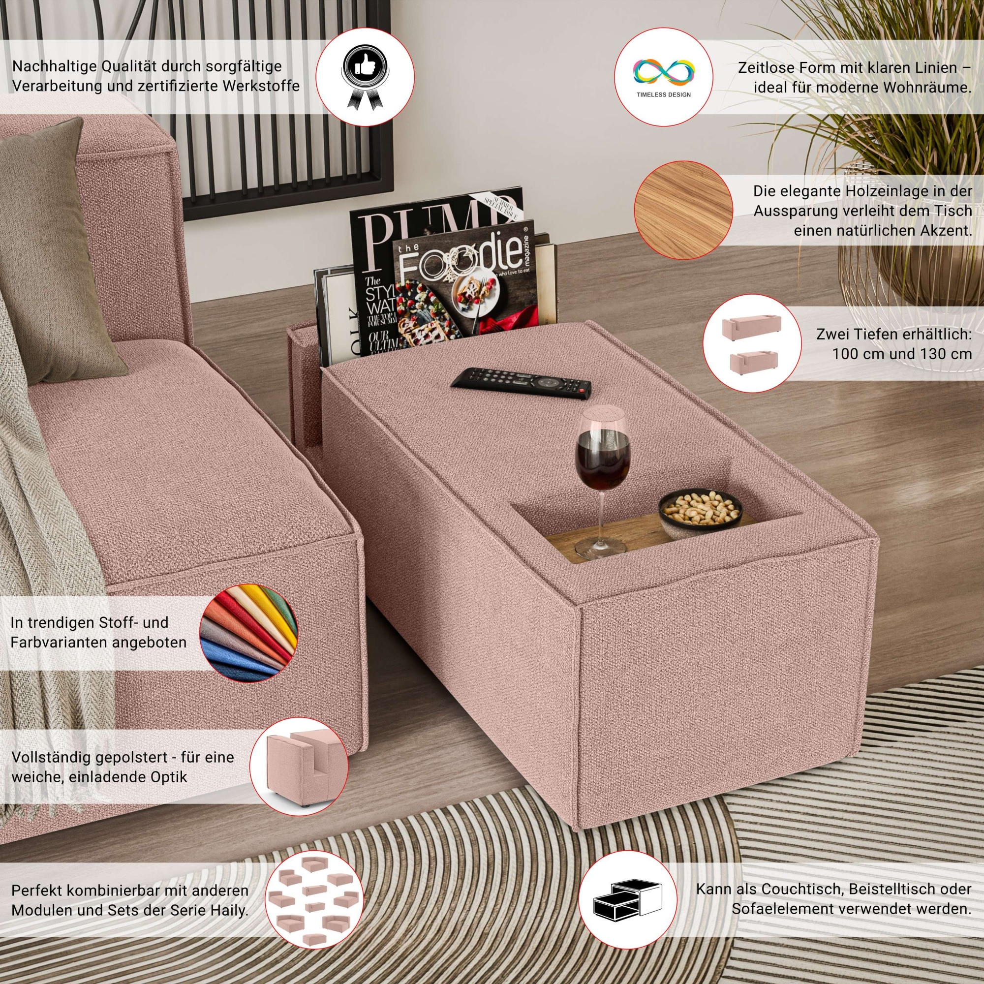 INOSIGN Sofaelement »HAILY Tisch für das Modulsofa, Maße B/T/H: 45/100/37 cm«, als Modul oder separat verwendbar, mit Steckfach und Ablagefläche