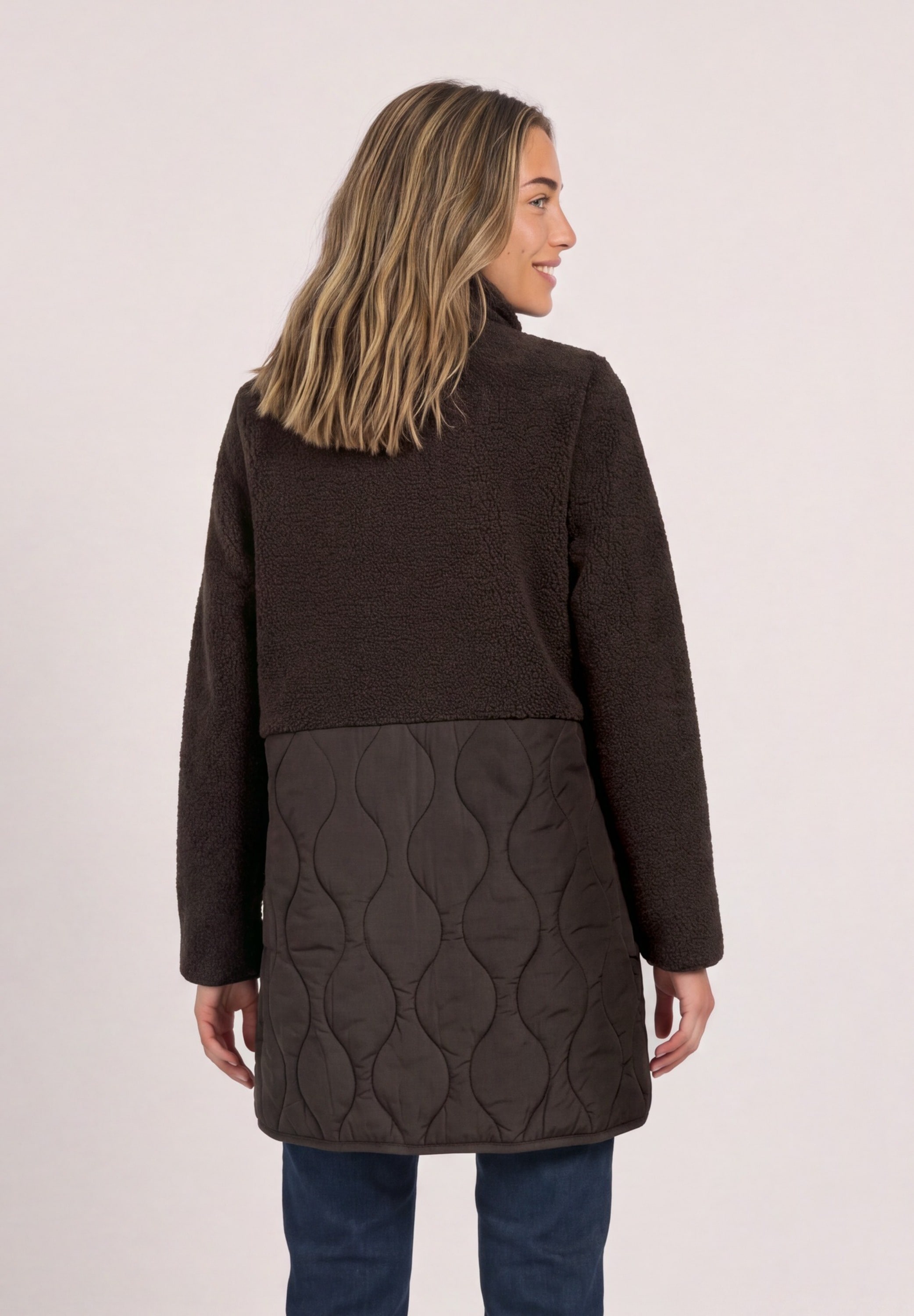 STREET ONE Langjacke ohne Kapuze Teddy-Mantel mit Strukturmix und Stehkragen