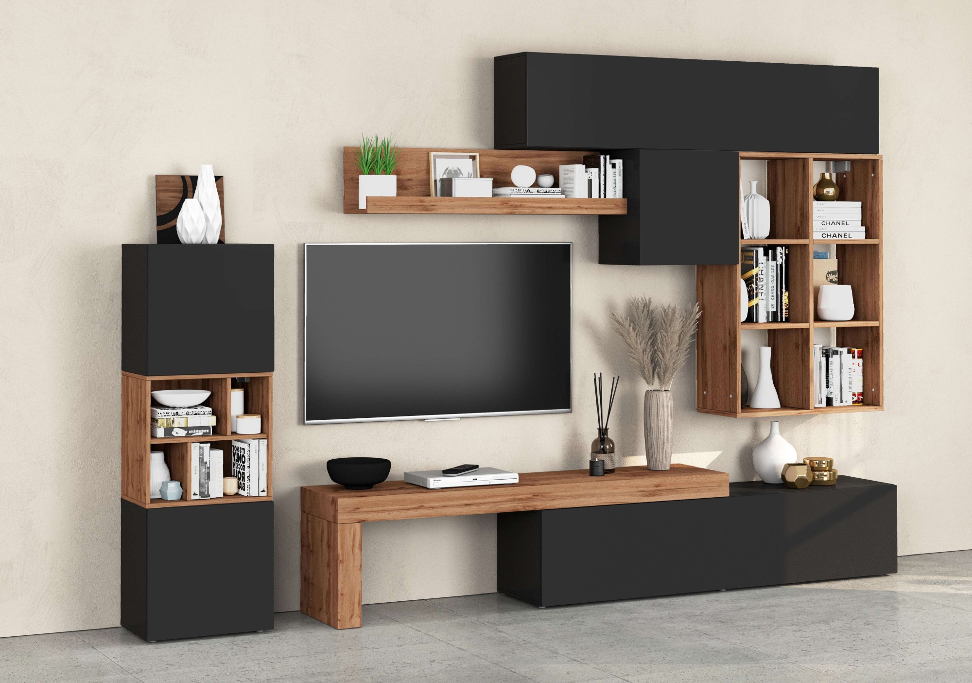 INOSIGN Wohnwand »Chronos Wohnwand, Medienwand, 8-er set«, (Set, 8 St.), ca. 320 cm mit Hängeschränke, Würfel, Regal, Lowboard, Made in Italy