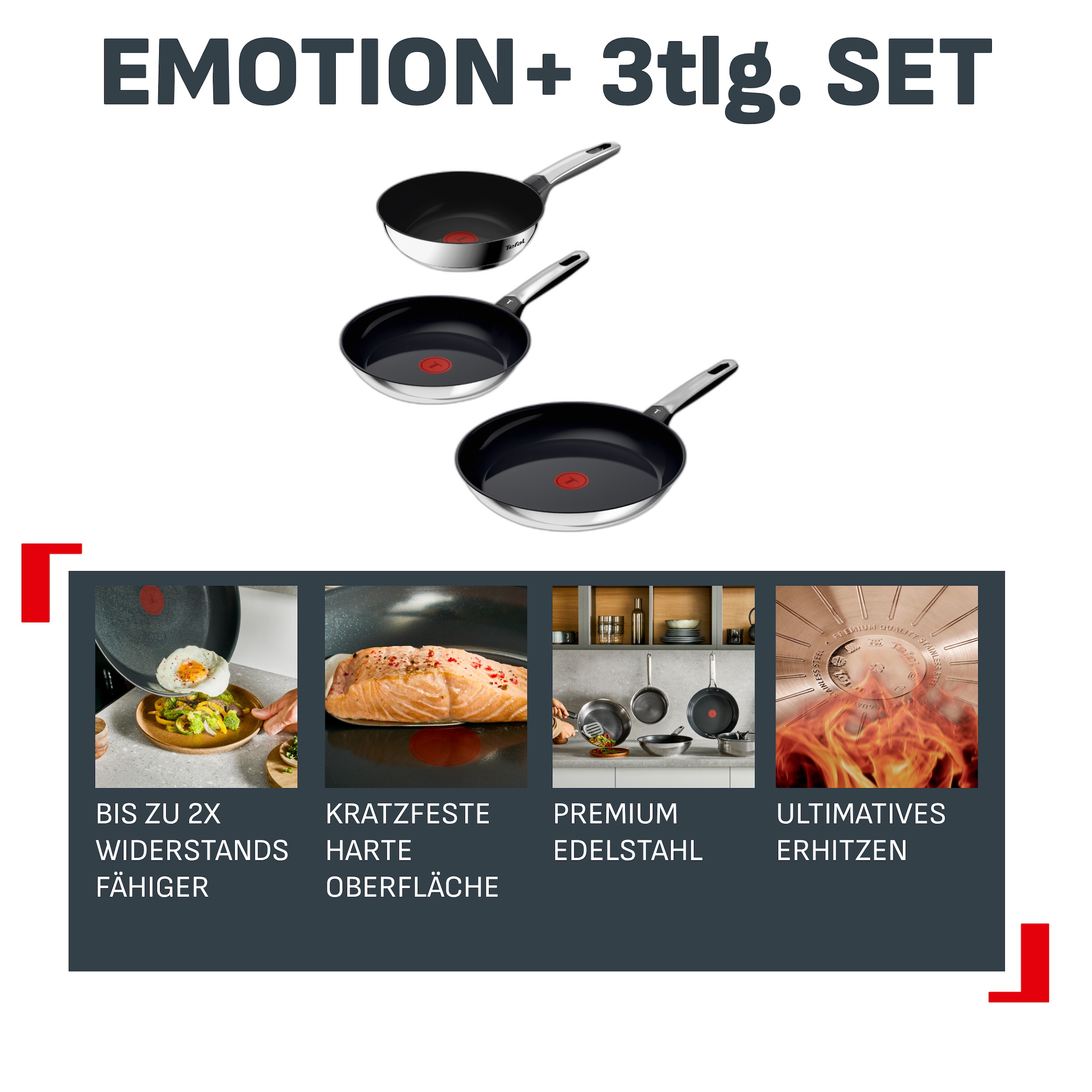 Tefal Pfannen-Set »Emotion+« Edelstahl Set, 3 tlg. Premium Edelstahl, Induktion, spülmaschinenfest, hochglanzpoliert