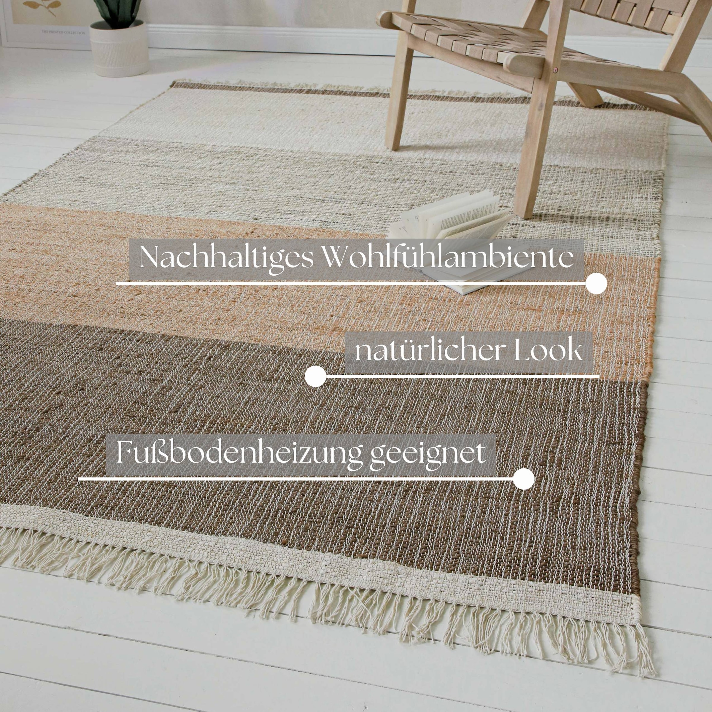 OTTO home Teppich »Dallin«, rechteckig, 4 mm Höhe, 80% Jute, handgewebt, mit Fransen, Wohnzimmer, Naturfaser