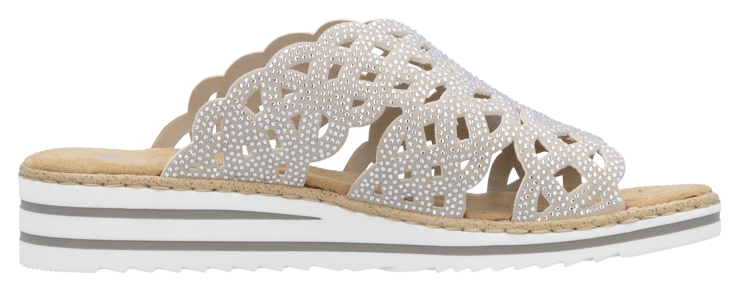 Rieker Pantolette, Sommerschuh, Strandschuh, Hausschuh, Keilabsatz, mit Strass-Steinchen