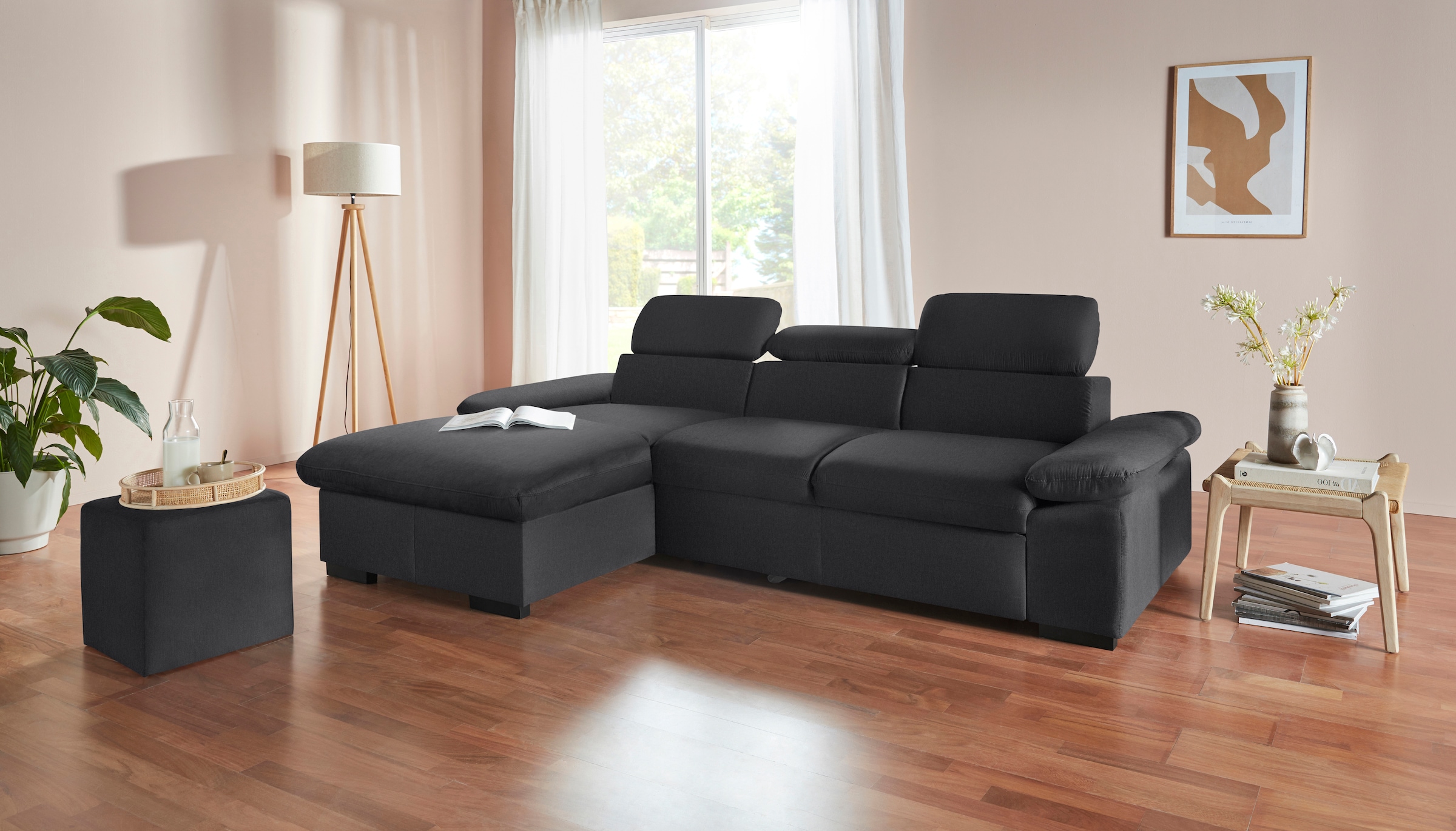 COTTA Ecksofa »Lola L-Form mit Kopfteilfunktion & Hocker«, (Set, mit Hocker), wahlweise mit Bettfunktion, Bettkasten & Armteilverstellung