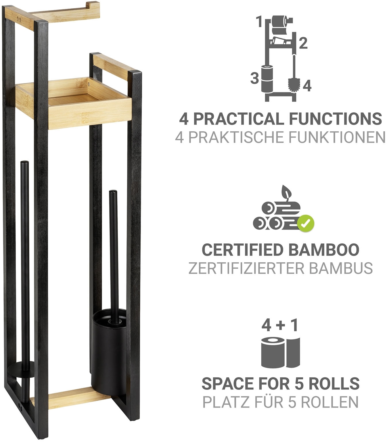 WENKO WC-Garnitur »Braidi« aus Bambus 4in1, Toilettenbürste, Rollen-/Ersatzrollenhalter, Ablage, freistehend