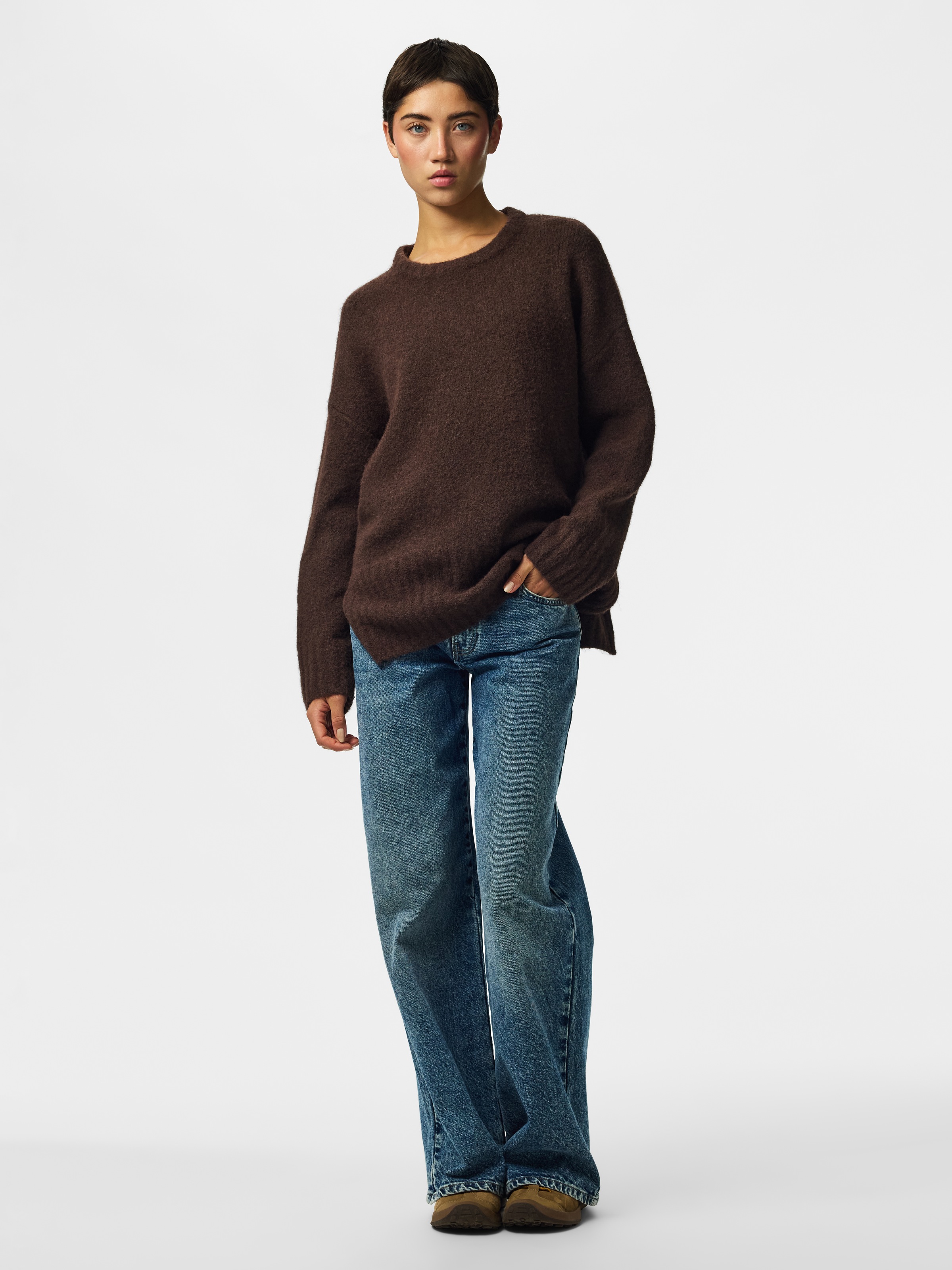 pieces Strickpullover »PCTINA LS O-NECK KNIT NOOS« Materialmix