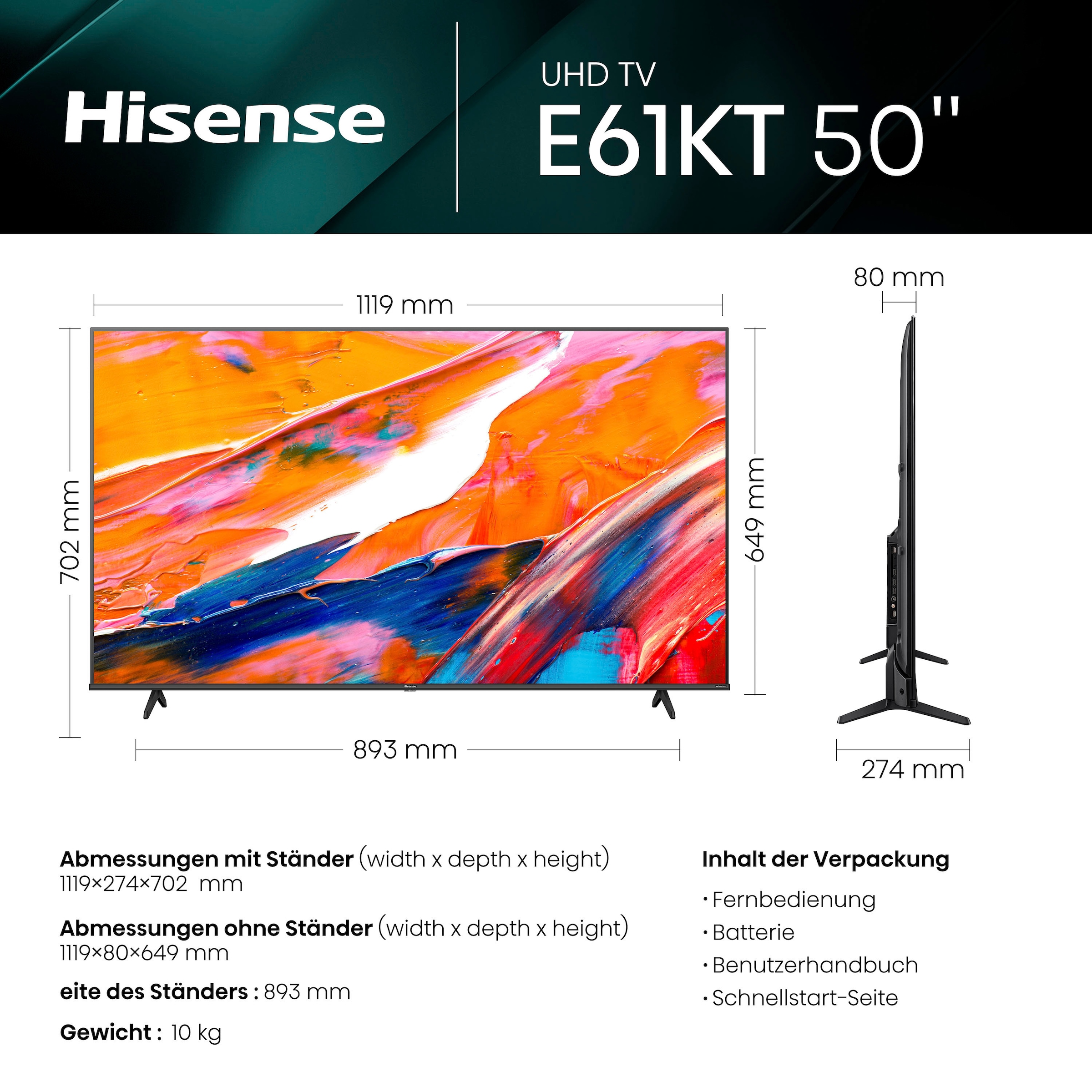Hisense LED-Fernseher »50E61KT«, 127 cm/50 Triple Jahre ➥ Garantie Vision, 4K | XXL DVB-C/S/S2/T/T2 HD, UNIVERSAL Smart-TV, Dolby 3 Ultra Smart-TV, Zoll, Tuner