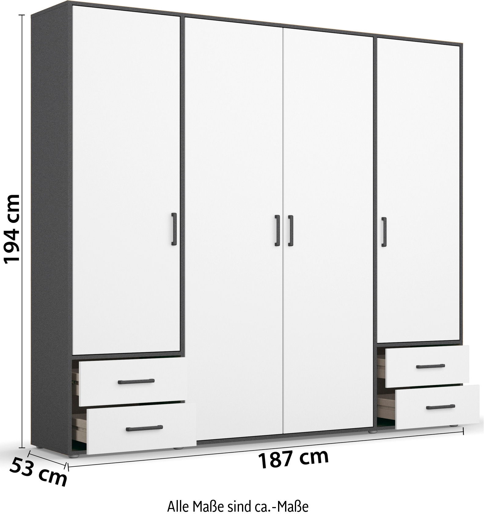 rauch Drehtürenschrank »Kleiderschrank Schrank Garderobe Wäscheschrank VOYAGER«, (in 3 verschiedenen Ausstattungen BASIC/CLASSIC/PREMIUM), moderne Griffe in Graumetallic mit Außenschubkästen MADE IN GERMANY