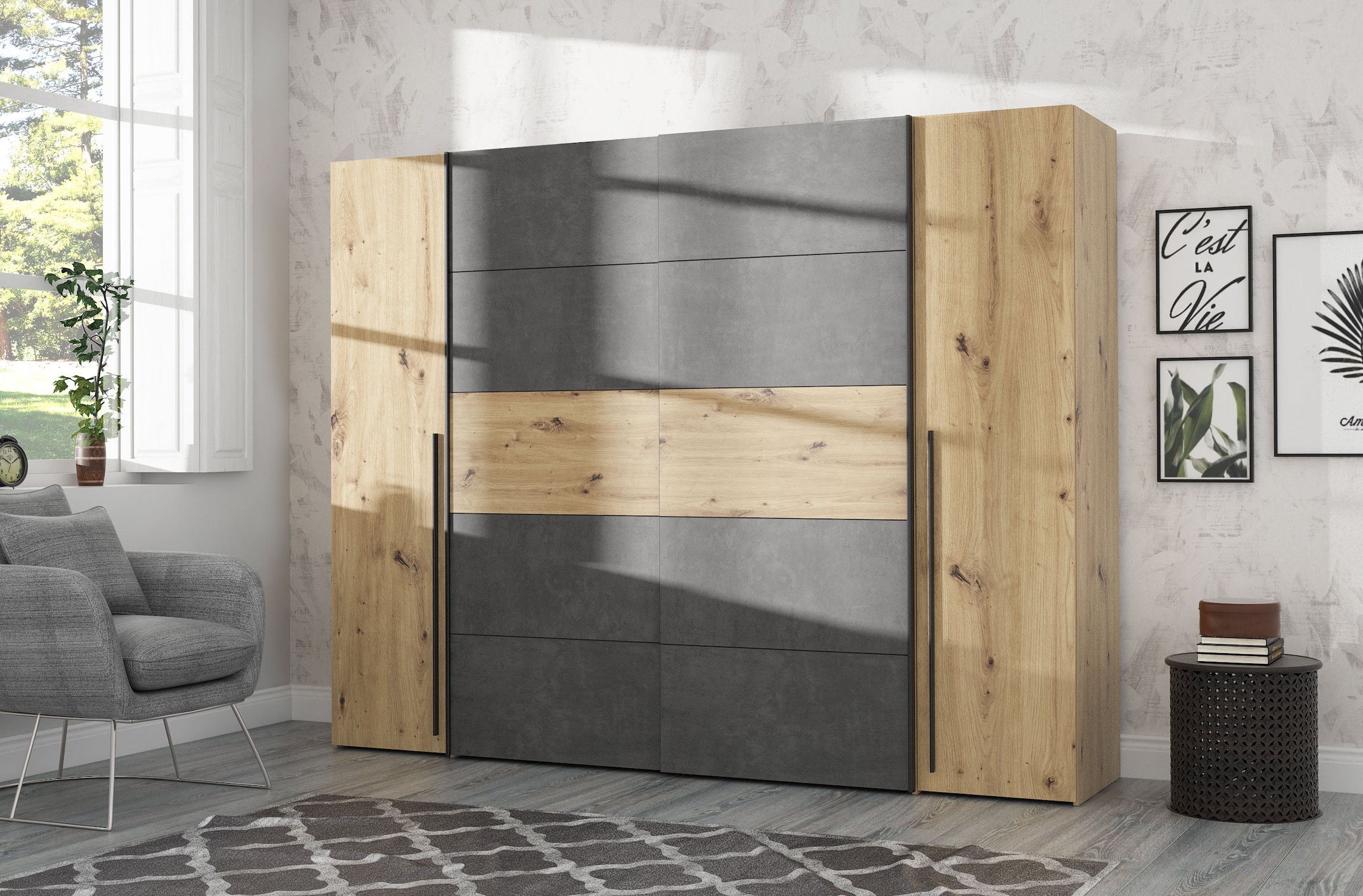 FORTE Dreh-/Schwebetürenschrank »Narago, TOPSELLER zum TOP Preis! In verschiedenen Farben«, (Farbe Weiß auch mit Spiegeln erhältlich), mit zahlreichen Einlegeböden, viel Stauraum, Made in Europe