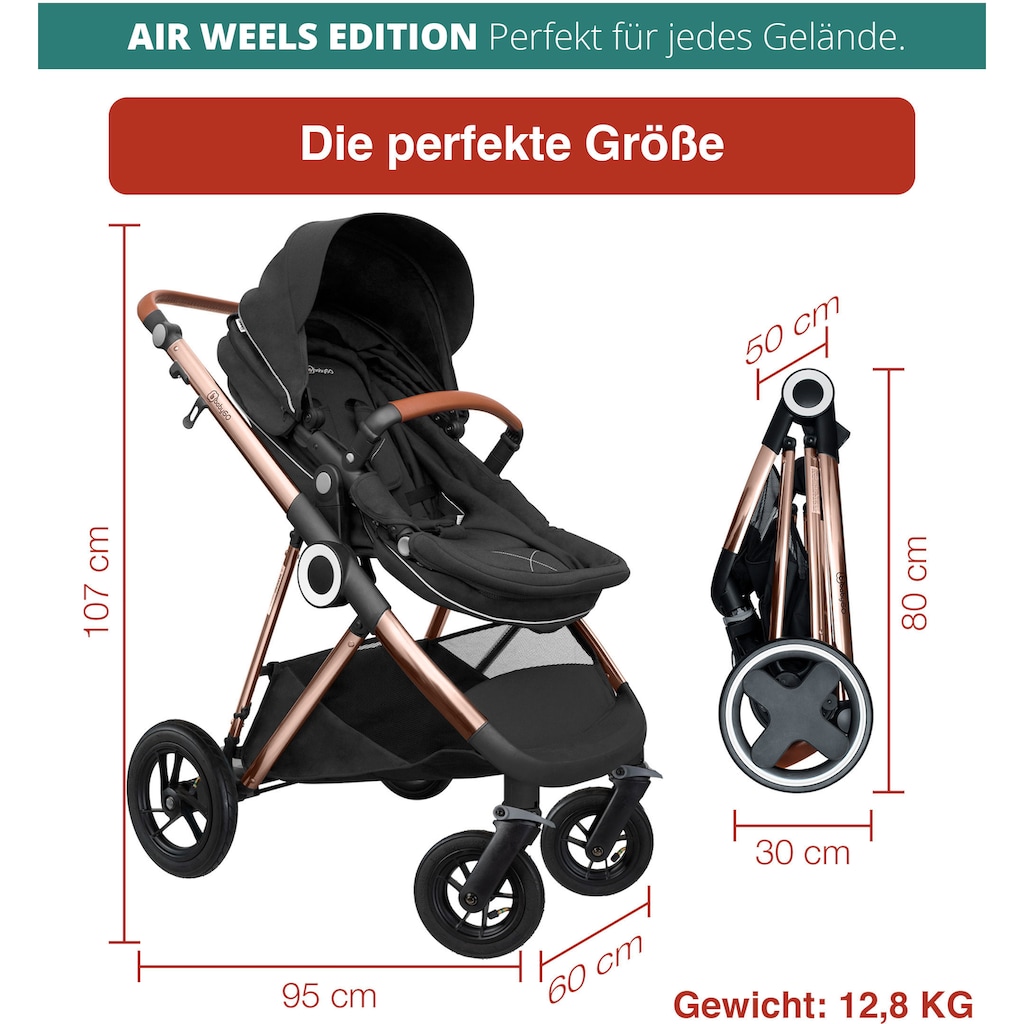 BabyGo Kombi-Kinderwagen »Halime AIR 3in1, Anthracite Gold«, mit Luftreifen, inkl. Babywanne, Babyschale, Regenhaube & Wickeltasche