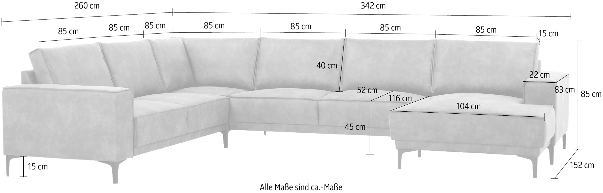 Places of Style Wohnlandschaft »XXL Sofa Oland, Struktur, Flachgewebe, Luxus-Microfaser, Boucle«, U-Form, 342 cm, Wellenunterfederung, Skandi-Design, Metallfüße