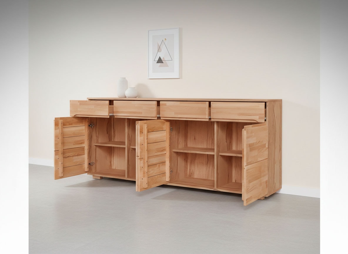 OTTO home Sideboard »VETRO Teilmassiv, Fronten Massivholz, Wohnzimmer, Stauraum,Griffmulde« B/T/H:199/40/85cm, 4Schubladen, 8 geschlossen Fächer, Stauraum