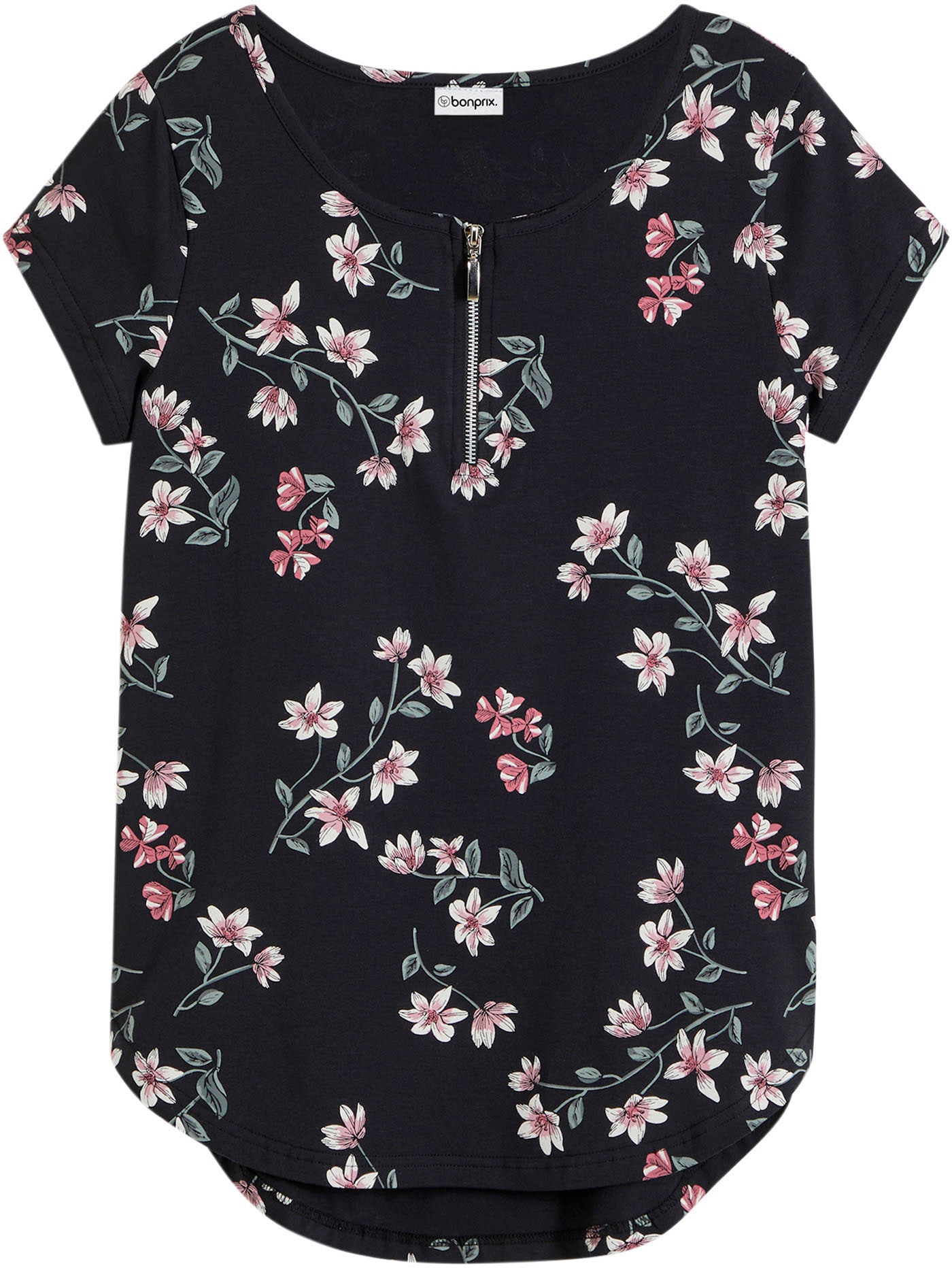 bonprix Blusenshirt Oversize Passform, Kurzarm-Design, mit kurzem Reißverschluss