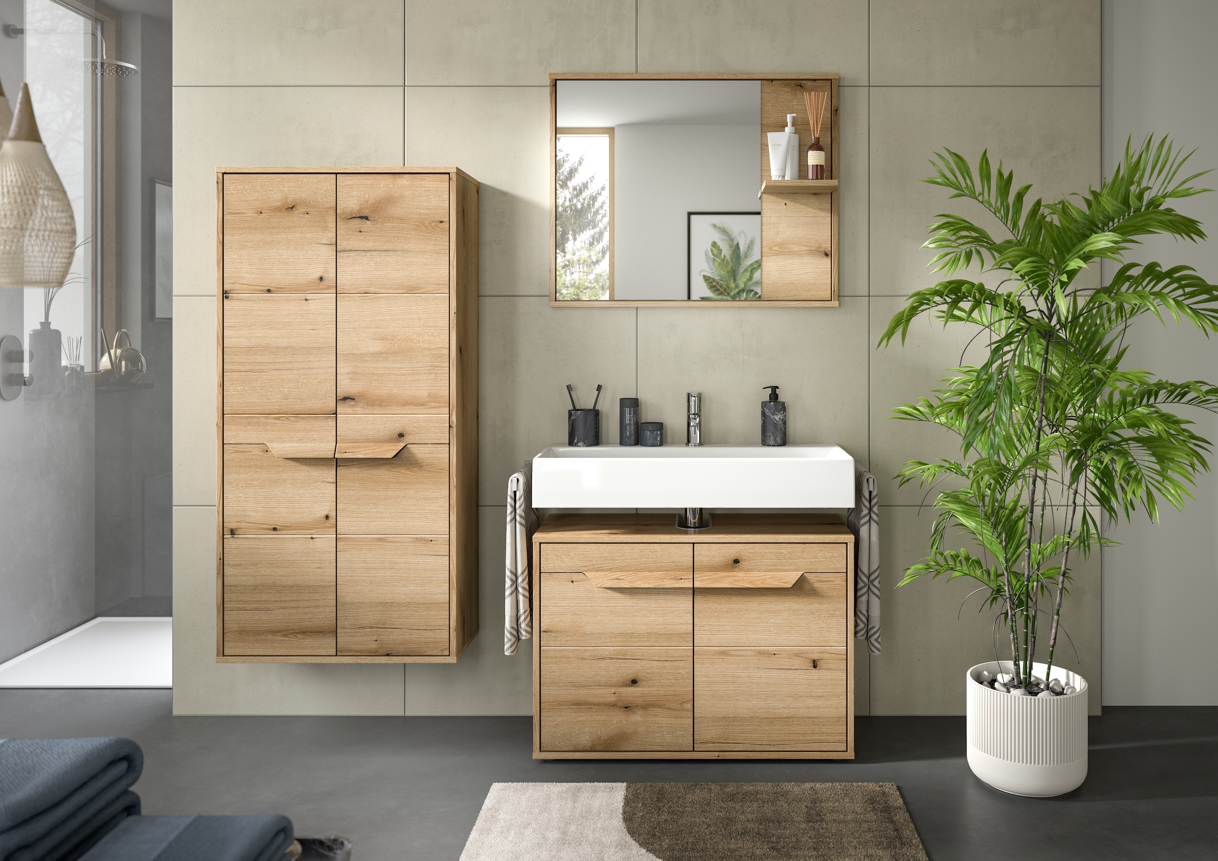 welltime Midischrank »Kayu, Höhe 132cm, stehend/hängend montierbar, 2 Türen, 3 Einlegeböden«, einzigartiges Griffdesign, Badschrank, Bad-Möbel, Badezimmer, Bad