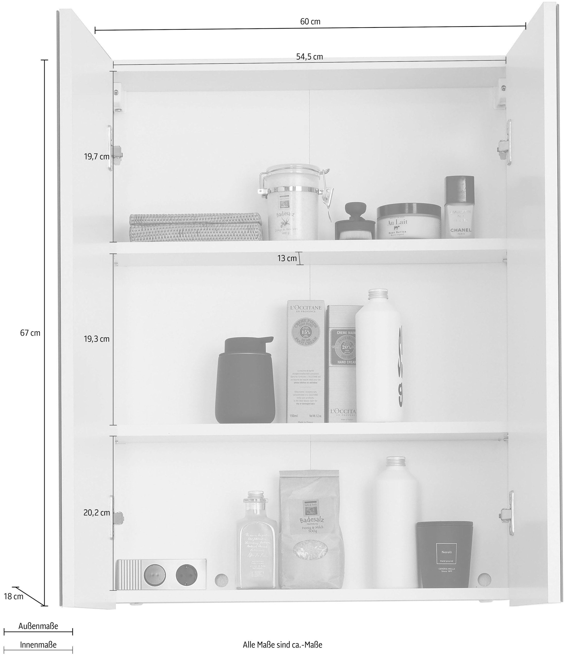 welltime Spiegelschrank »Sovana« Badschrank wahlweise mit oder ohne Beleuchtung - (B/T/H) 60/18/67 cm