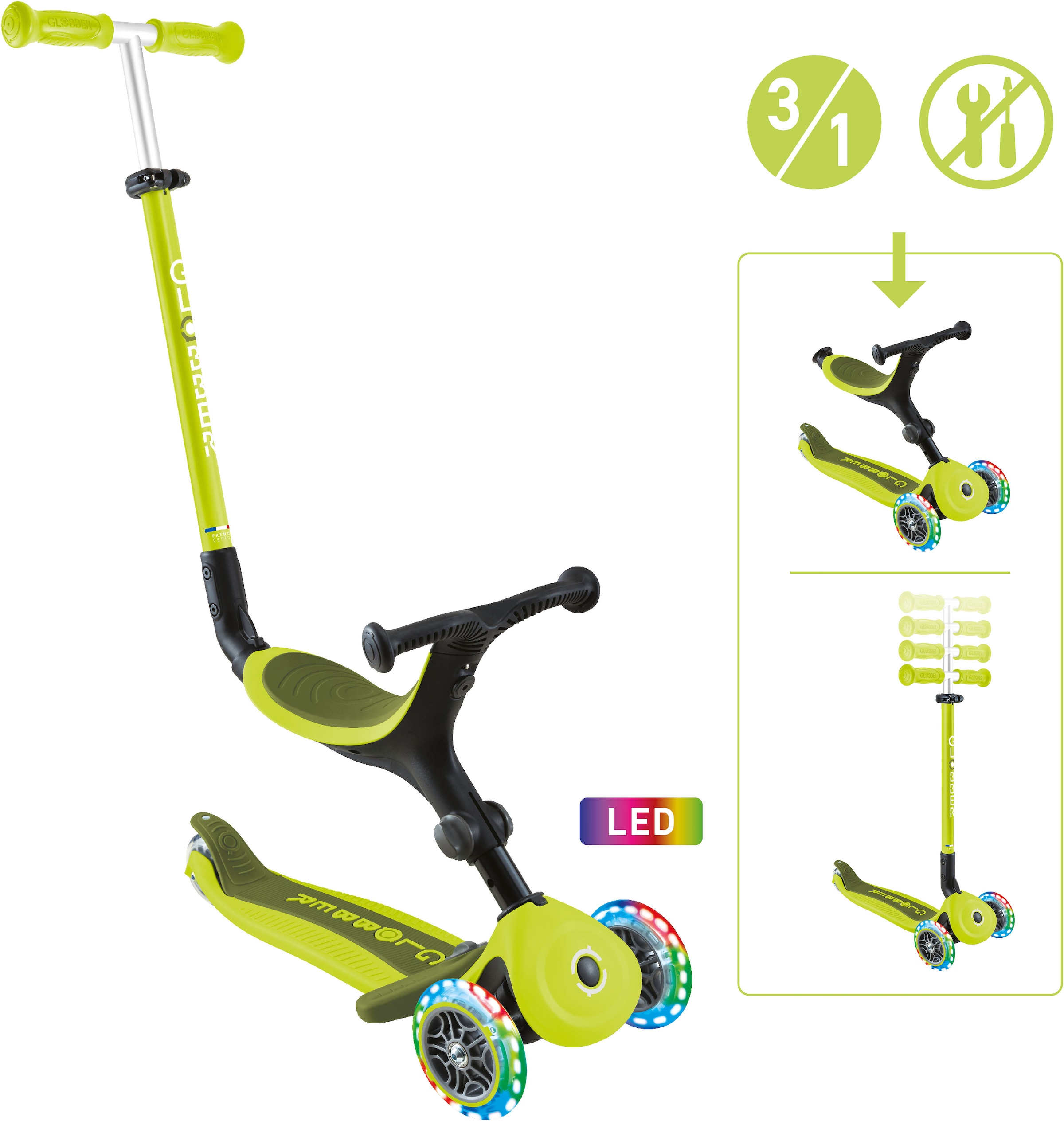 Globber Tretroller »GO-UP ACTIVE LIGHTS mit Leuchtrollen« Dreirad, Laufrad und Scooter