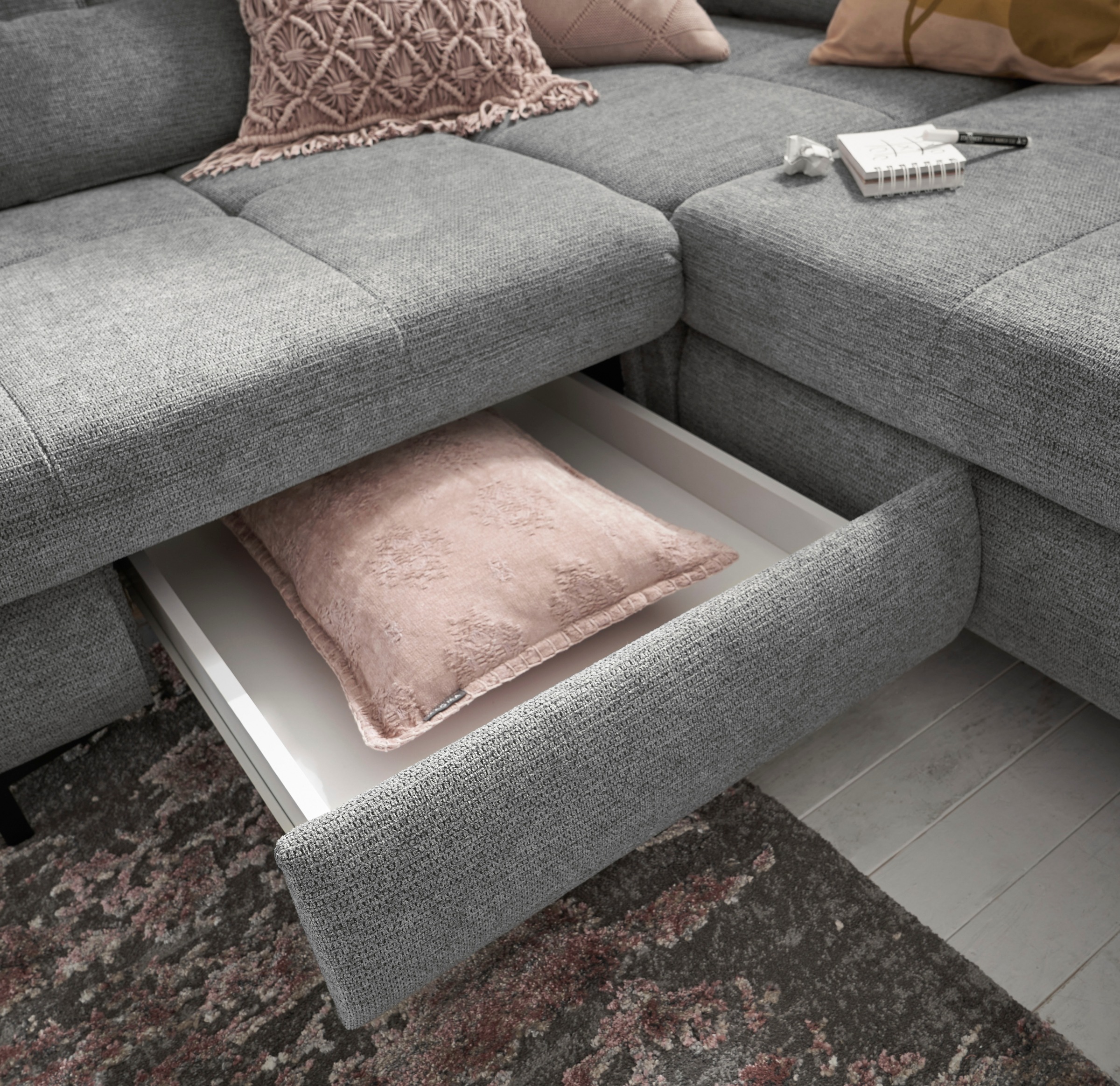 set one by Musterring Ecksofa »SO 3400 Sitzhöhe 47cm oder 49cm, Sitztiefe verstellbar, B/T 317/220 cm«, Kaltschaumpolsterung, Flachgewebe, whlw. mit Funktionen, Sitzhöhe 47