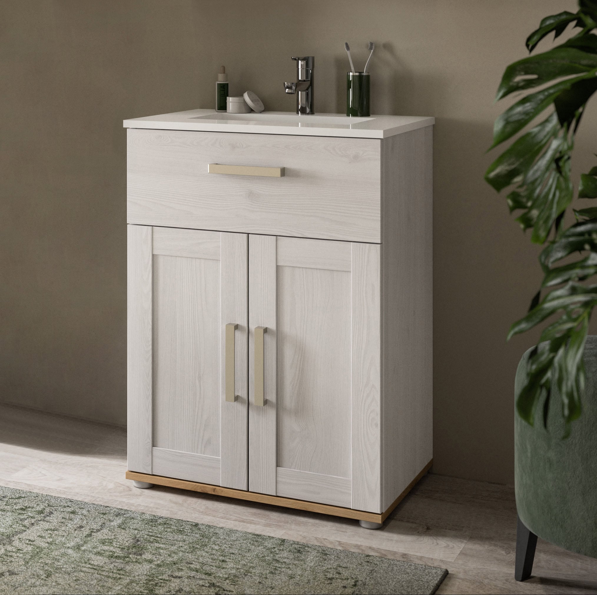 welltime Waschtisch »COSENZA, inkl. Keramik-Waschbecken, 2 Türen, 1 Schubkasten« in Landhausoptik, mit weiteren Artikel der Serie kombinierbar, 2 Stk. tlg. Waschbecken, Waschbeckenschrank, Badezimmer, Bad, Waschtisch, Kommode