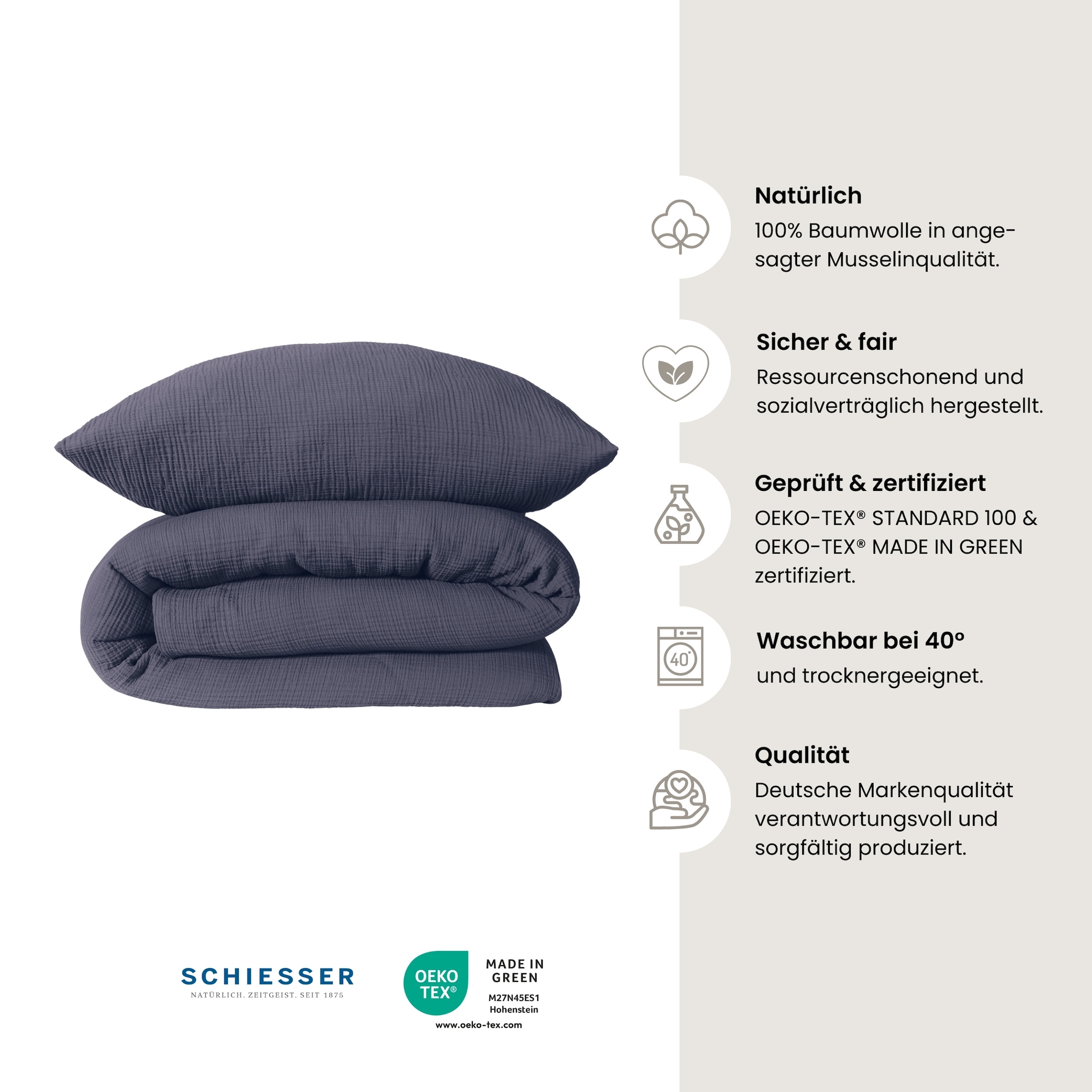 Schiesser Bettwäsche »Molly aus softer Musselin-Qualität in gedeckten, natürlichen Farben«, (2 tlg.), MADE IN GREEN by OEKO-TEX®