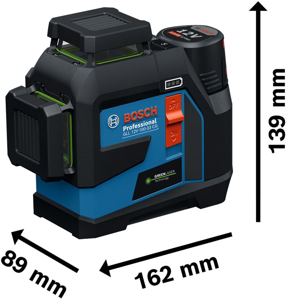 Bosch Professional Kreuzlinienlaser »»GLL 12V-100-33 CG««, Inkl. 1x Akku GBA 12V 2.0Ah, in L-BOXX 136 und Universalhalter LB 10