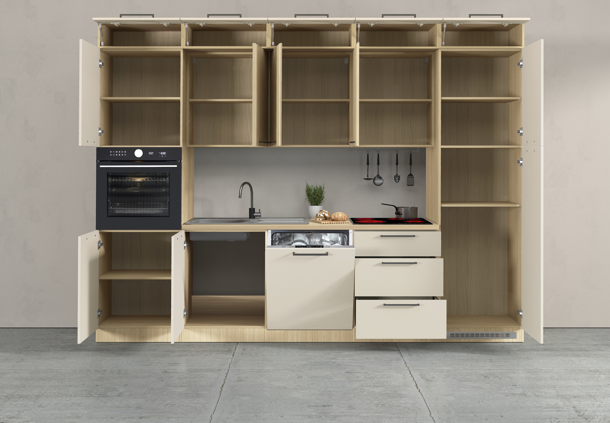 KOCHSTATION Küchenzeile »Luna, Einbauküche, Zeilenküche, mit Soft-Close Funktion, Made in Italy« Breite 300 cm ohne E-Geräte, mit Spüle+Siphon und Aufsatz