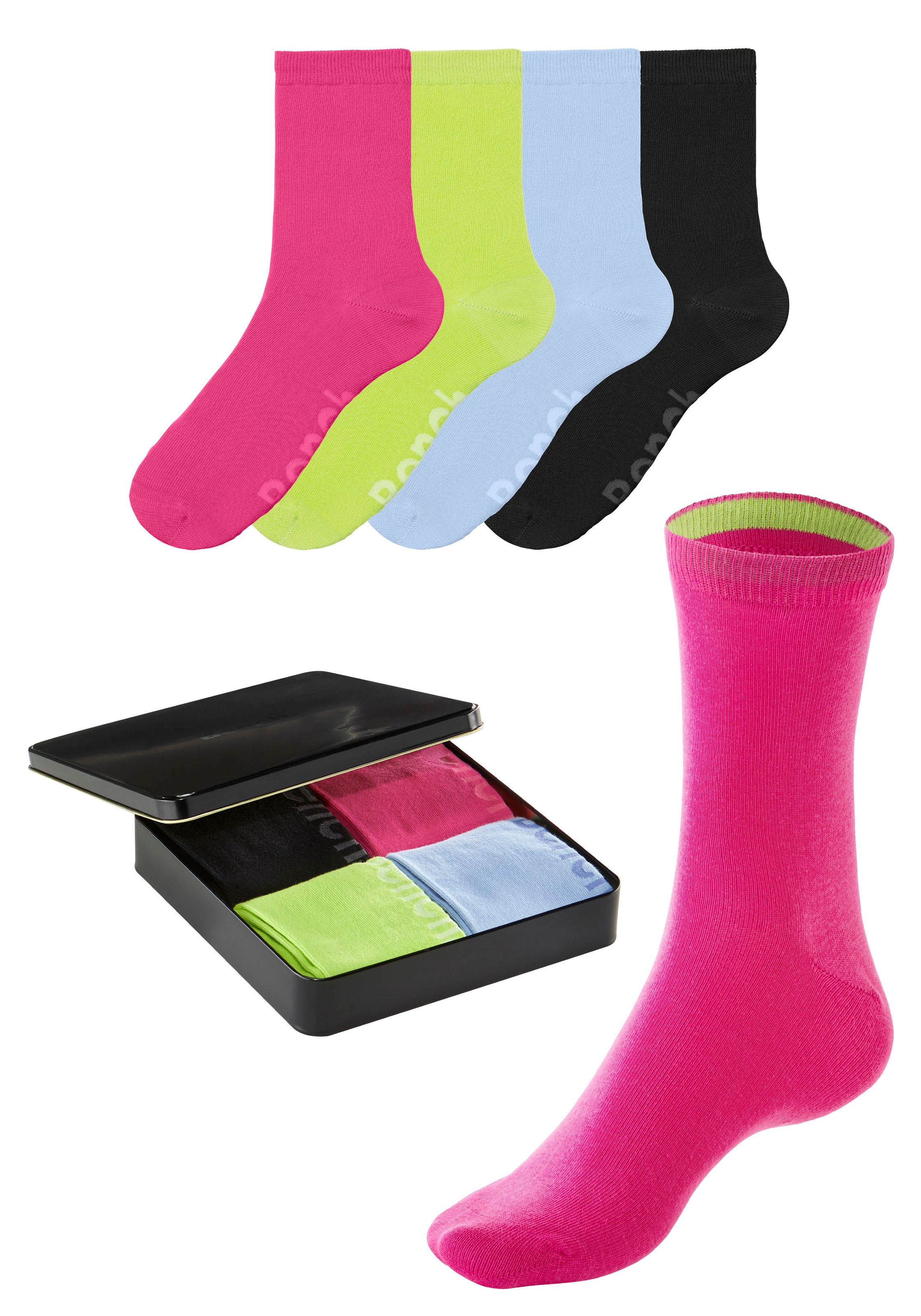 Bench. Socken, (Dose, 4 Paar), mit farbigen Innenbündchen, sortiert in edler Geschenkdose