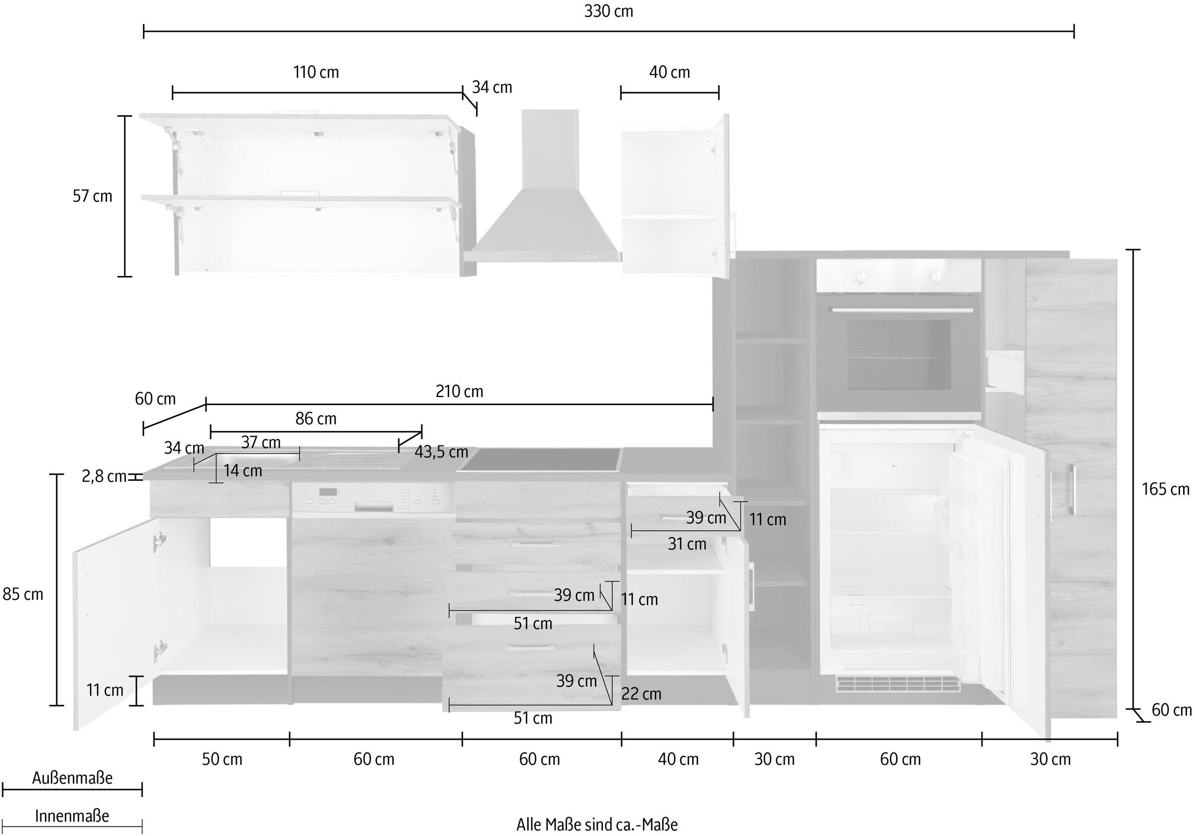KOCHSTATION Küchenzeile »KS-Colmar« mit E-Geräten, Breite 330 cm