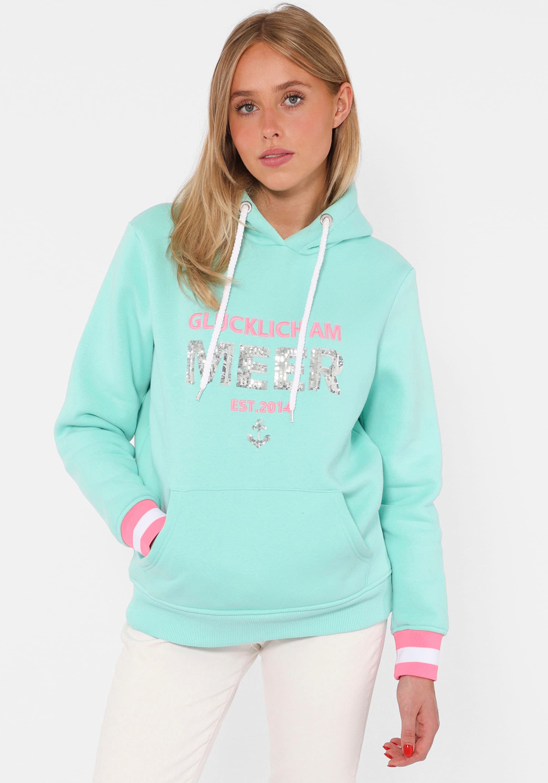 Zwillingsherz Hoodie »"Glücklich am Meer"«, mit Pailletten, Kapuze und kontrastfarbigen Bündchen