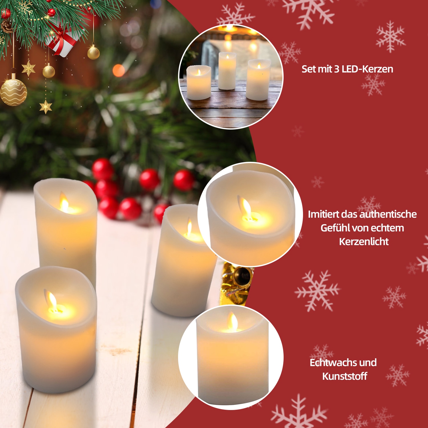 SHX LED-Kerze »LED-Kerzen mit Fernbedienung/Timer 3er Set«