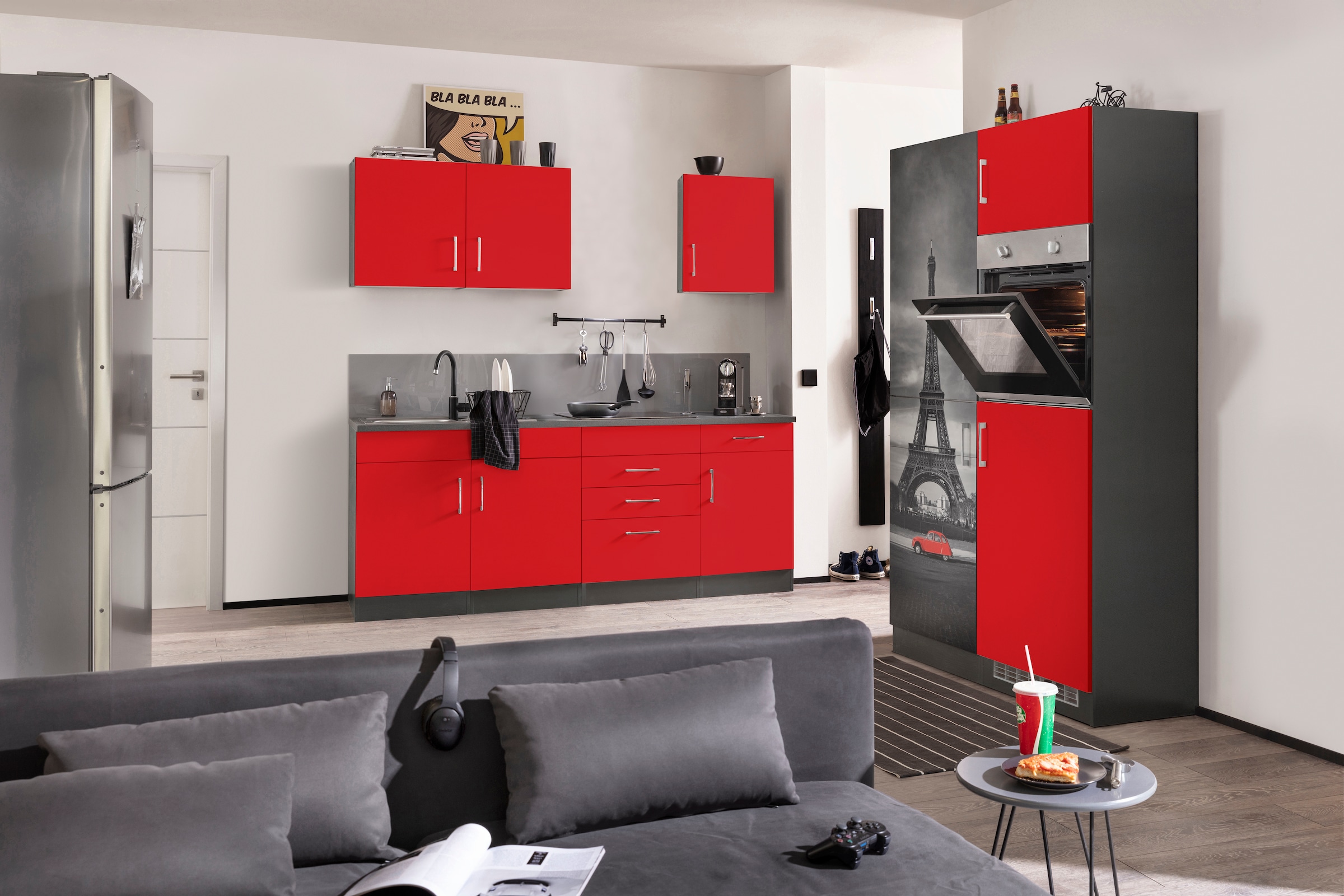 KOCHSTATION Küchenzeile »KS-Paris – Küchen mit einzigartigen Fotomotiven auf den Fronten« Breite 330 cm, wahlweise mit E-Geräten und Induktion