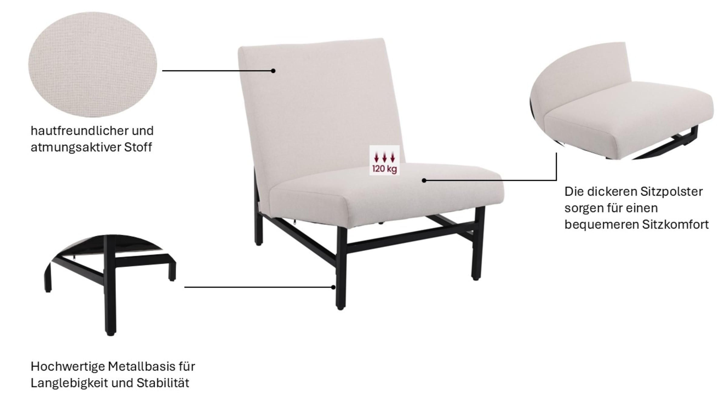 LeGer Home by Lena Gercke Sessel »SORAAYA Lounge-Sessel, Lese-Sessel, TV-Sessel« schwarzes Metall-Gestell, feiner Web-Stoff