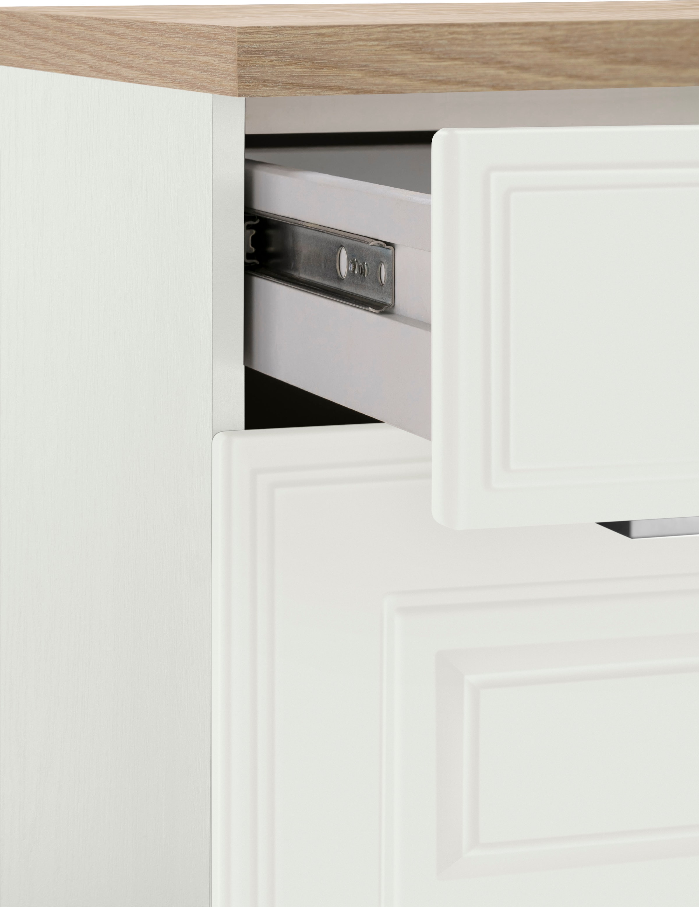 KOCHSTATION Küchenzeile »KS-Stockholm – Küche mit hochwertiger und detailreicher Landhausfront« Breite 280 cm, wahlweise mit E-Geräten,mit MDF-Fronten