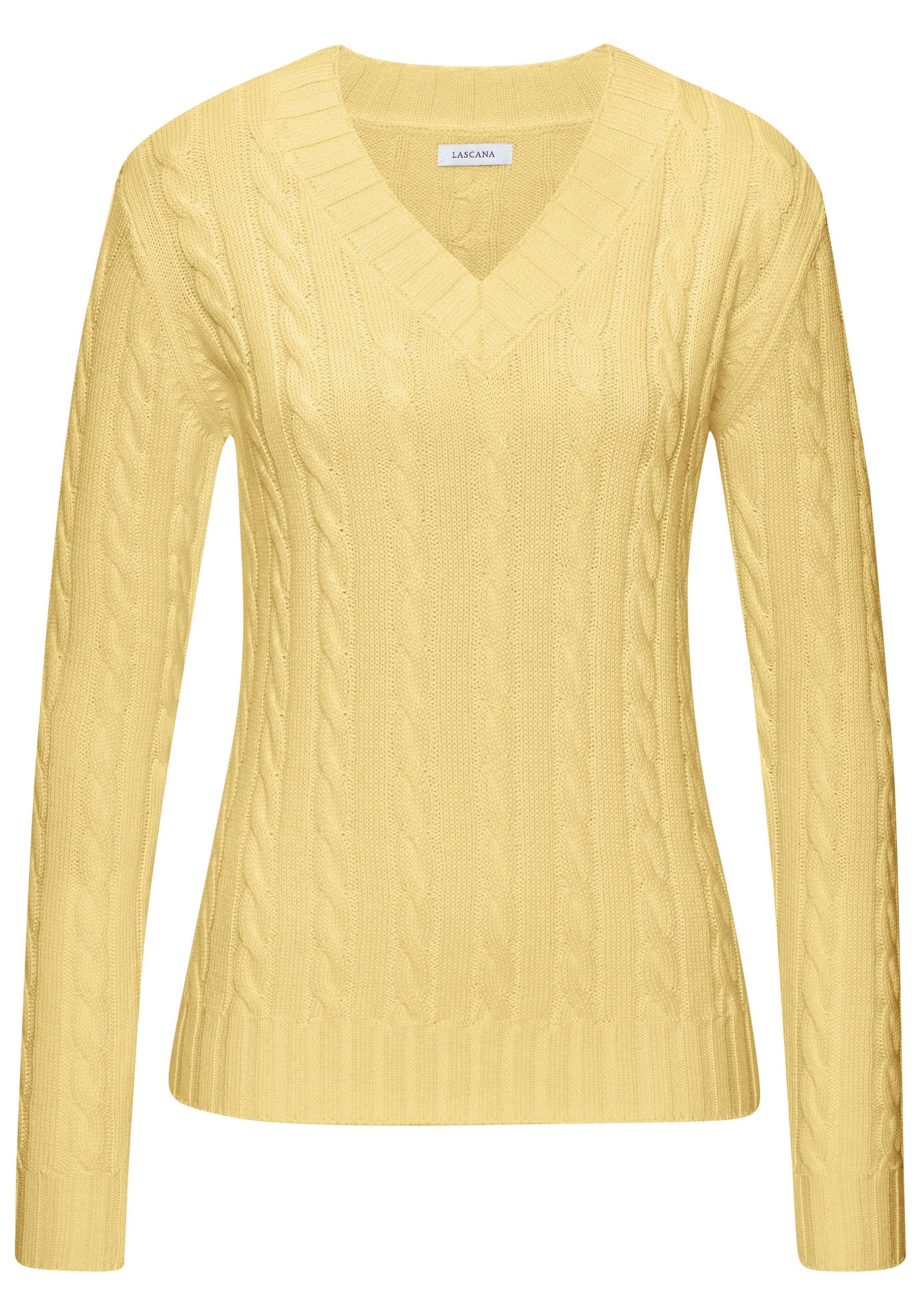 LASCANA V-Ausschnitt-Pullover »mit Zopfstrickmuster« gemütlicher Strickpullover, unifarbener Zopfpullover, klassische Form