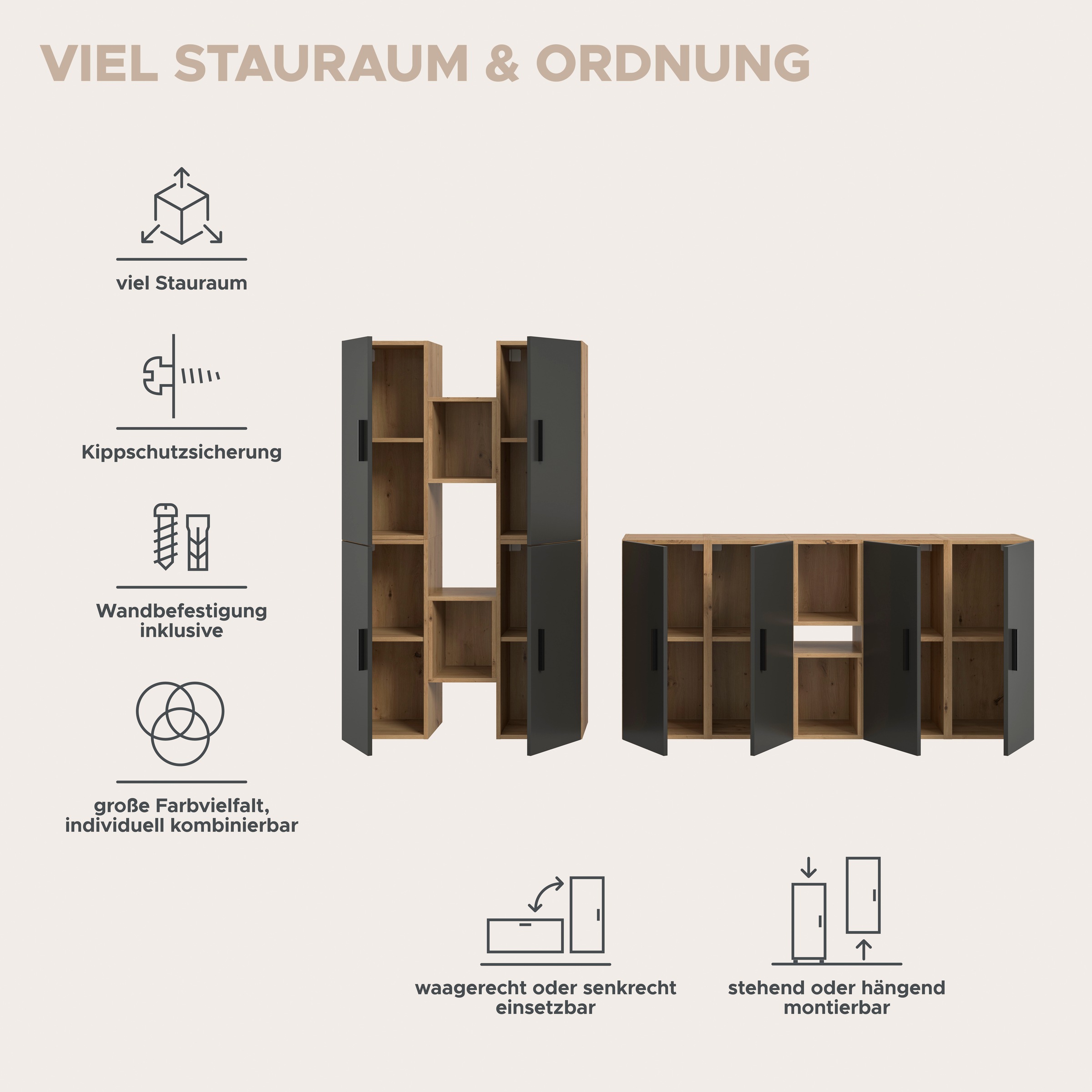 Home affaire Schrank-Set »ENESTE, 12-teilig, in verschiedenen Farben, individuell kombinierbar« verschiedenste Kombinationmöglichkeiten, stehend oder hängend, 4 Stk. tlg.