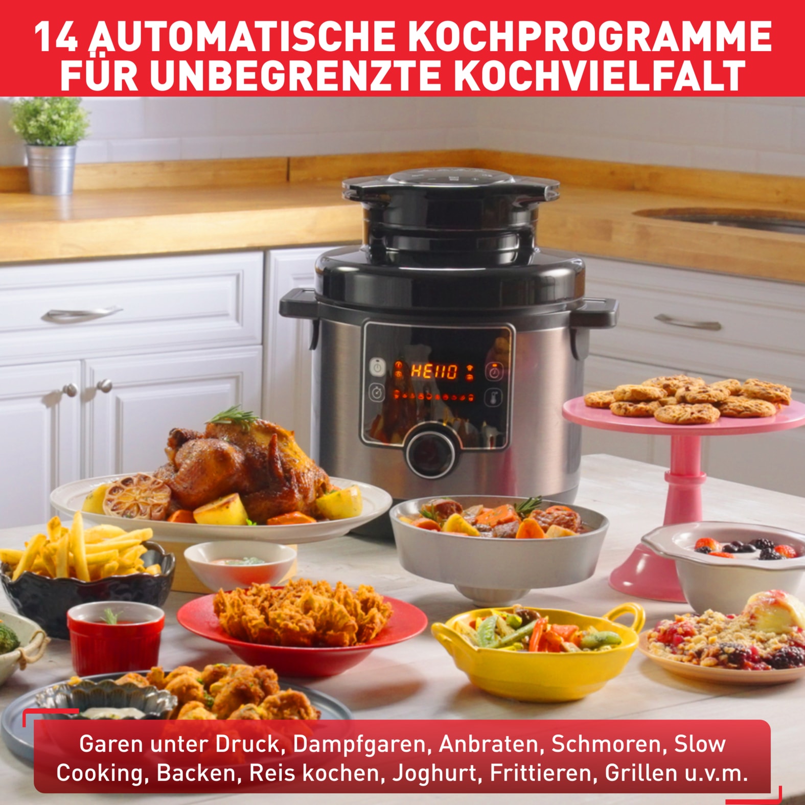 Tefal Multikocher »Turbo Cuisine & Fry inkl. Extra-Crisp-Deckel, 1-Knopf-Bedienung«, Schnellkochtopf/ Heißluftfritteuse, 15 automatische Programme, CY7788