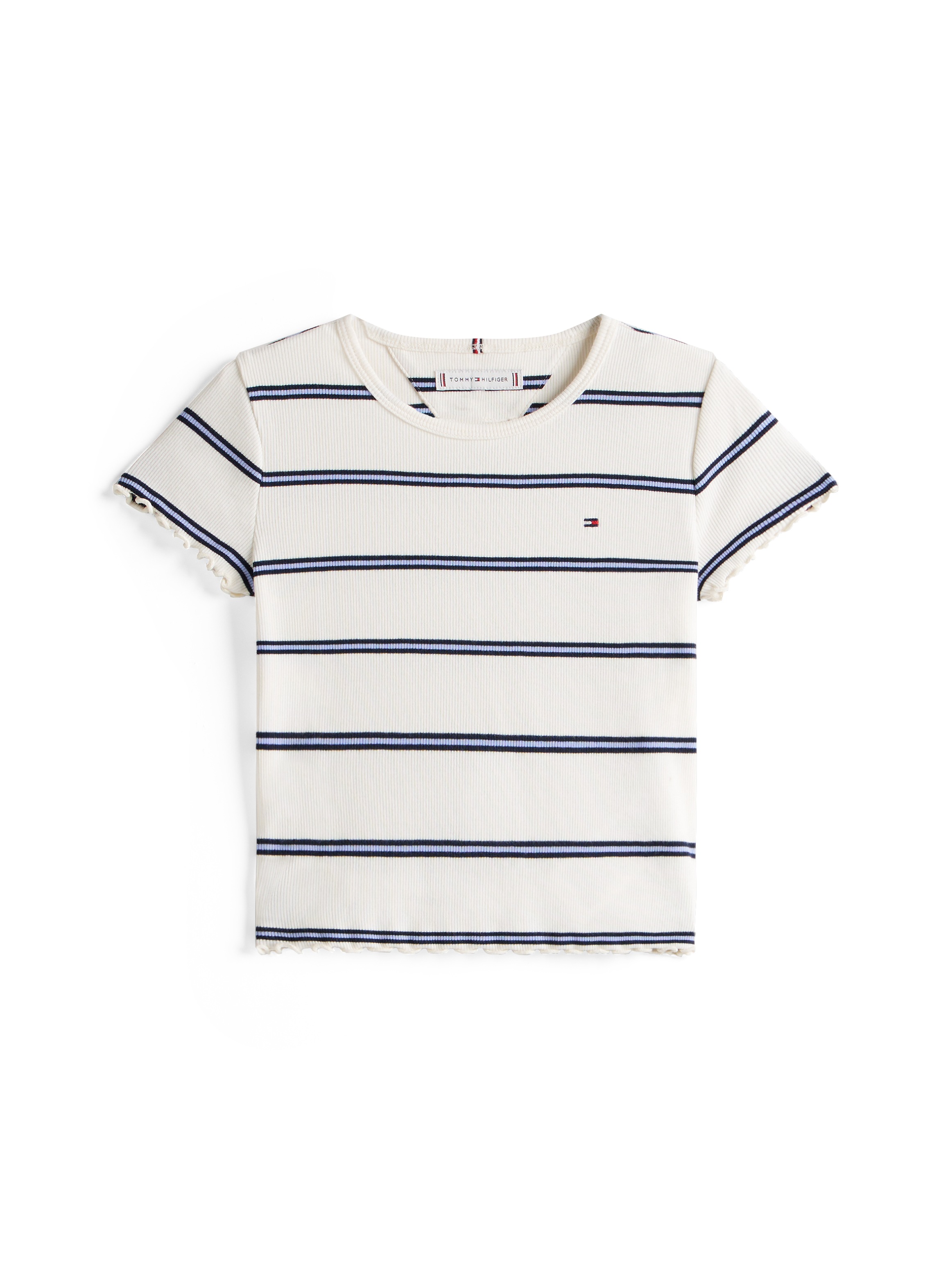 Tommy Hilfiger T-Shirt »ESSENTIAL RIB TOP mit Babylock-Kanten und Stickerei«, unifarben, casual, regular fit, Baumwollmix, Rundhals