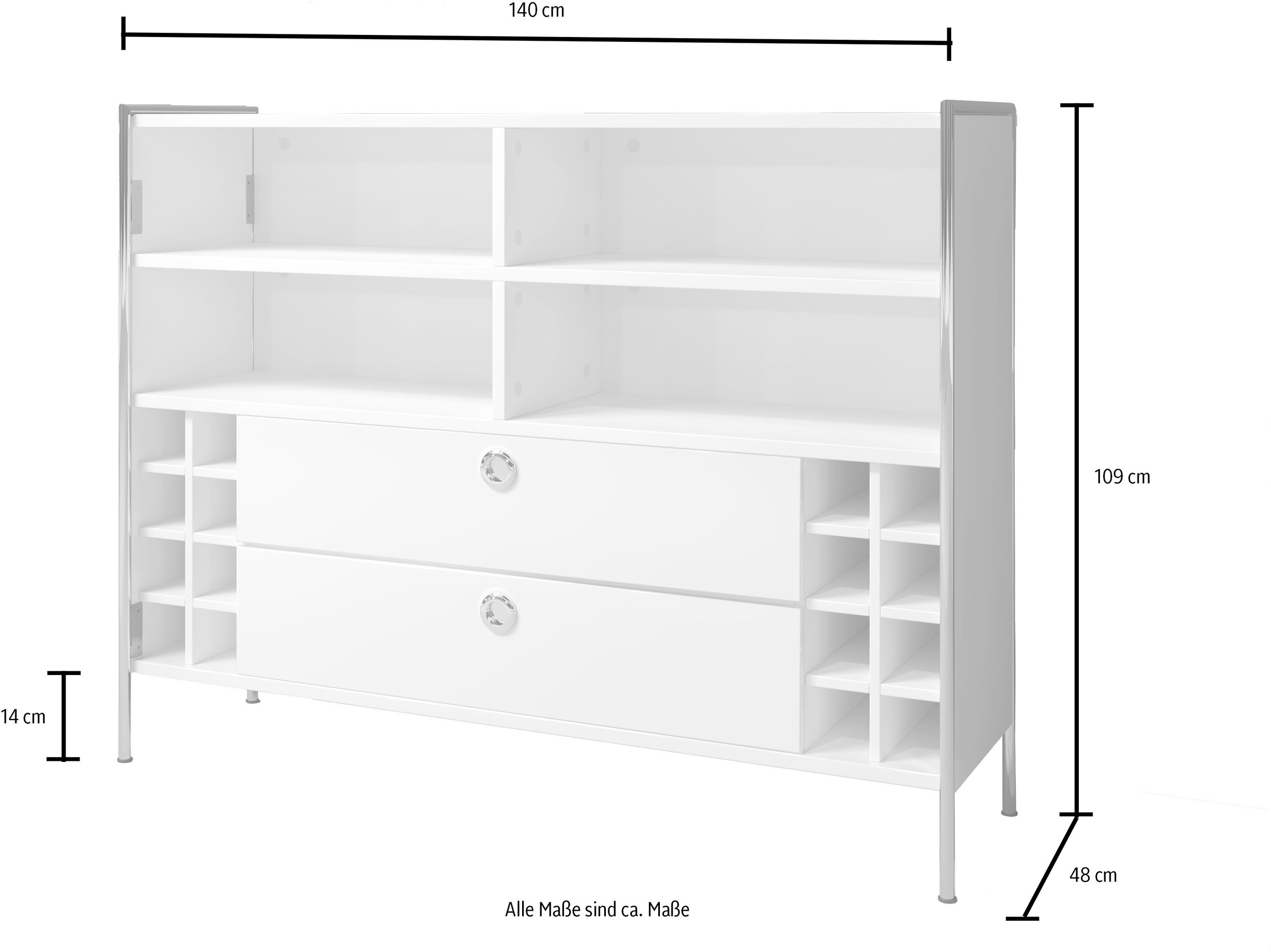 Places of Style Tresentisch »Imperia«, Mobile Bar mit Chromrahmen, viel Stauraum - (B/T/H) 140/48/109 cm