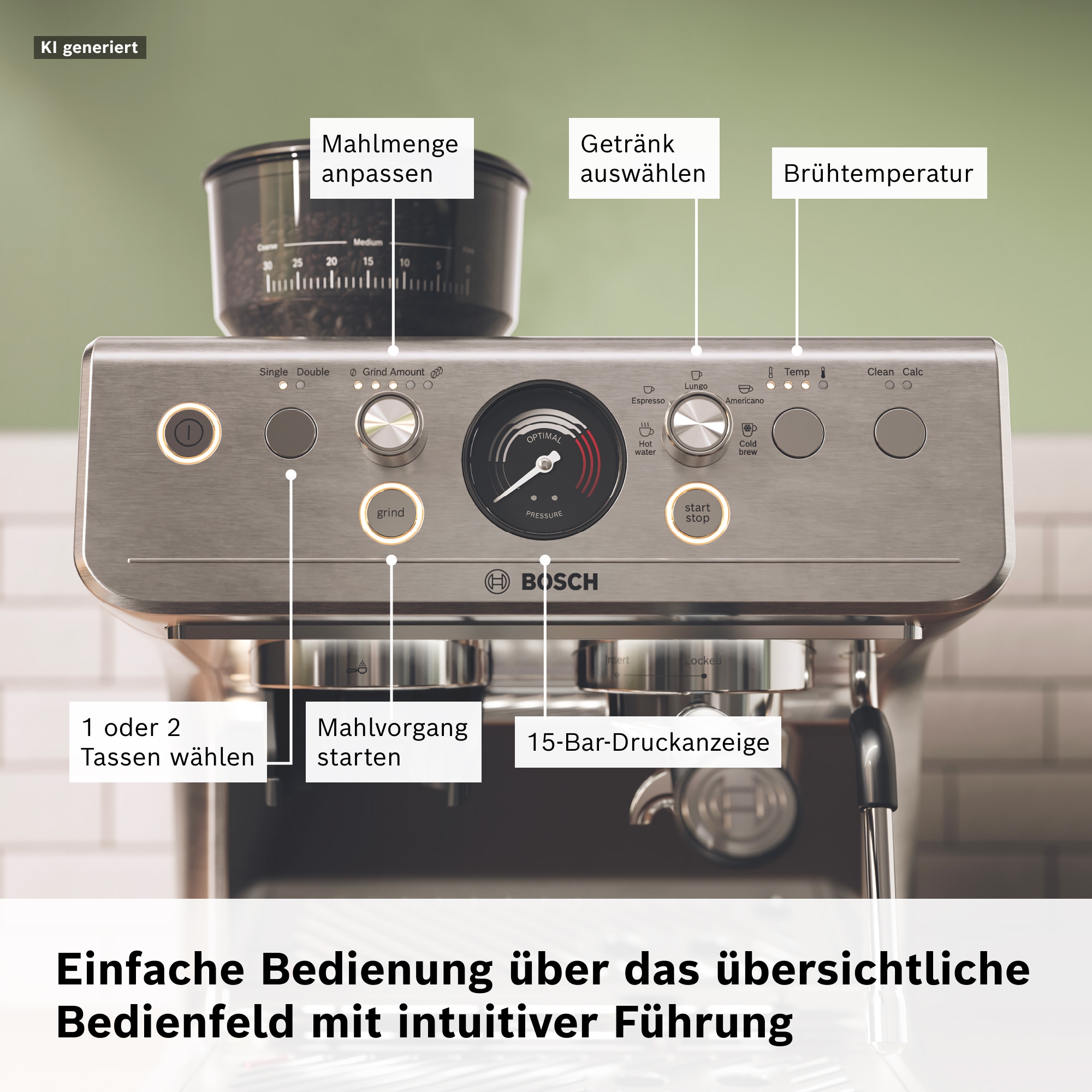 BOSCH Espressomaschine »Bosch halbautomatische Siebträgermaschine HomeCafé Serie 4« Integriertes Mahlwerk, 58mm-Siebträger, 30 Mahlgrade, 5 Direktwahl
