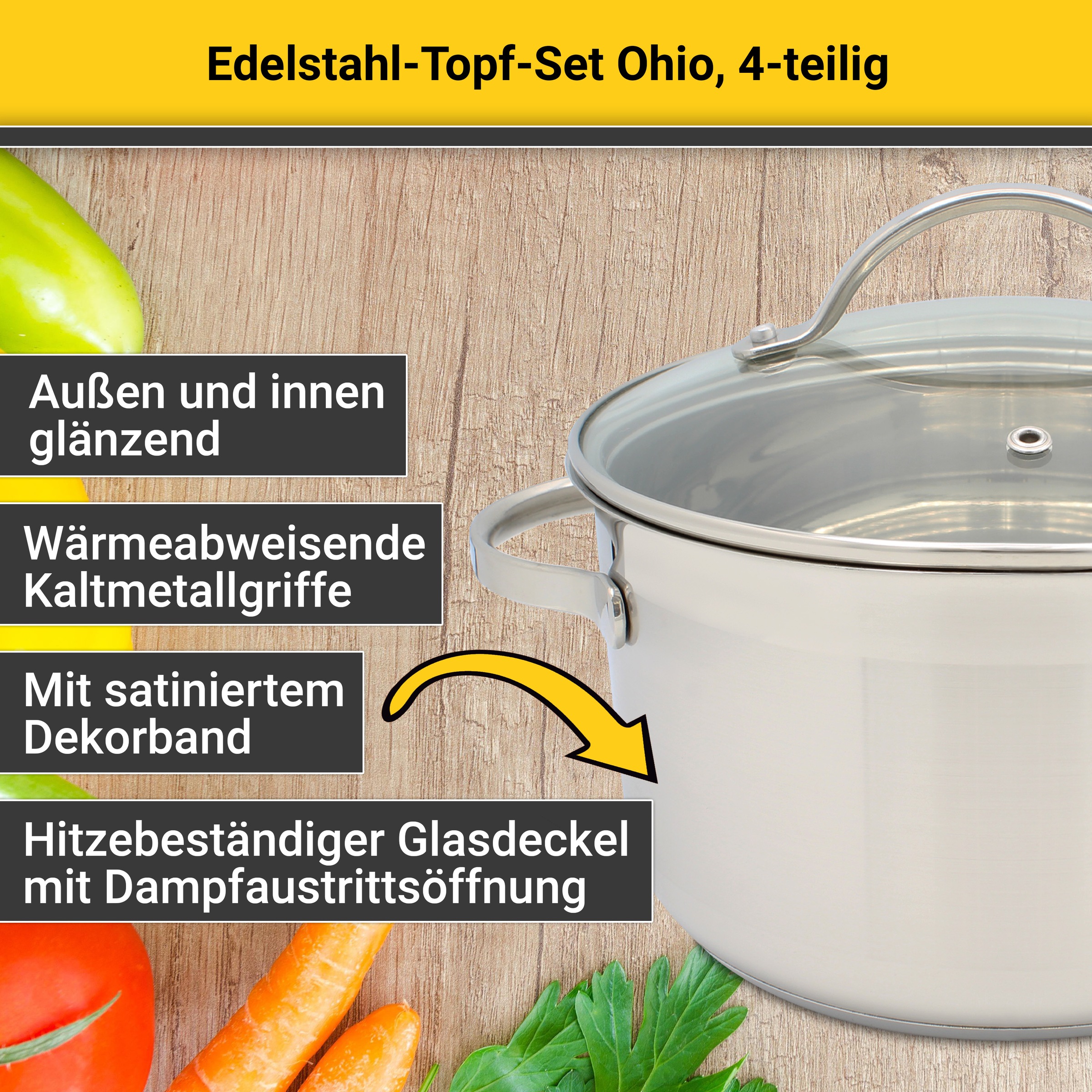 Krüger Topf-Set »Ohio«, Edelstahl, (Set, 7 tlg., Bratentopf Ø 20 cm, Fleischtopf Ø 16/20 cm, Stielkasserolle Ø 16 cm), für Induktions-Kochfelder geeignet